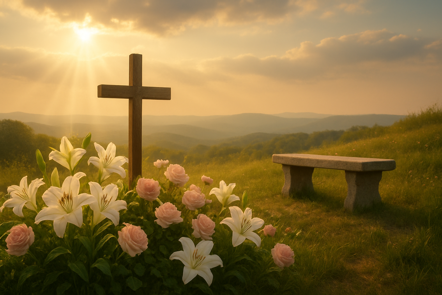 Create a realistic image of a peaceful memorial scene with a wooden cross on a gentle hillside surrounded by blooming white lilies and soft pink roses, with golden sunlight filtering through wispy clouds creating rays of light that illuminate the flowers, a small stone bench positioned nearby for quiet reflection, distant rolling hills in the background under a serene sky transitioning from warm golden tones to soft blues, conveying hope and eternal peace through the gentle lighting and natural beauty, absolutely NO text should be in the scene.