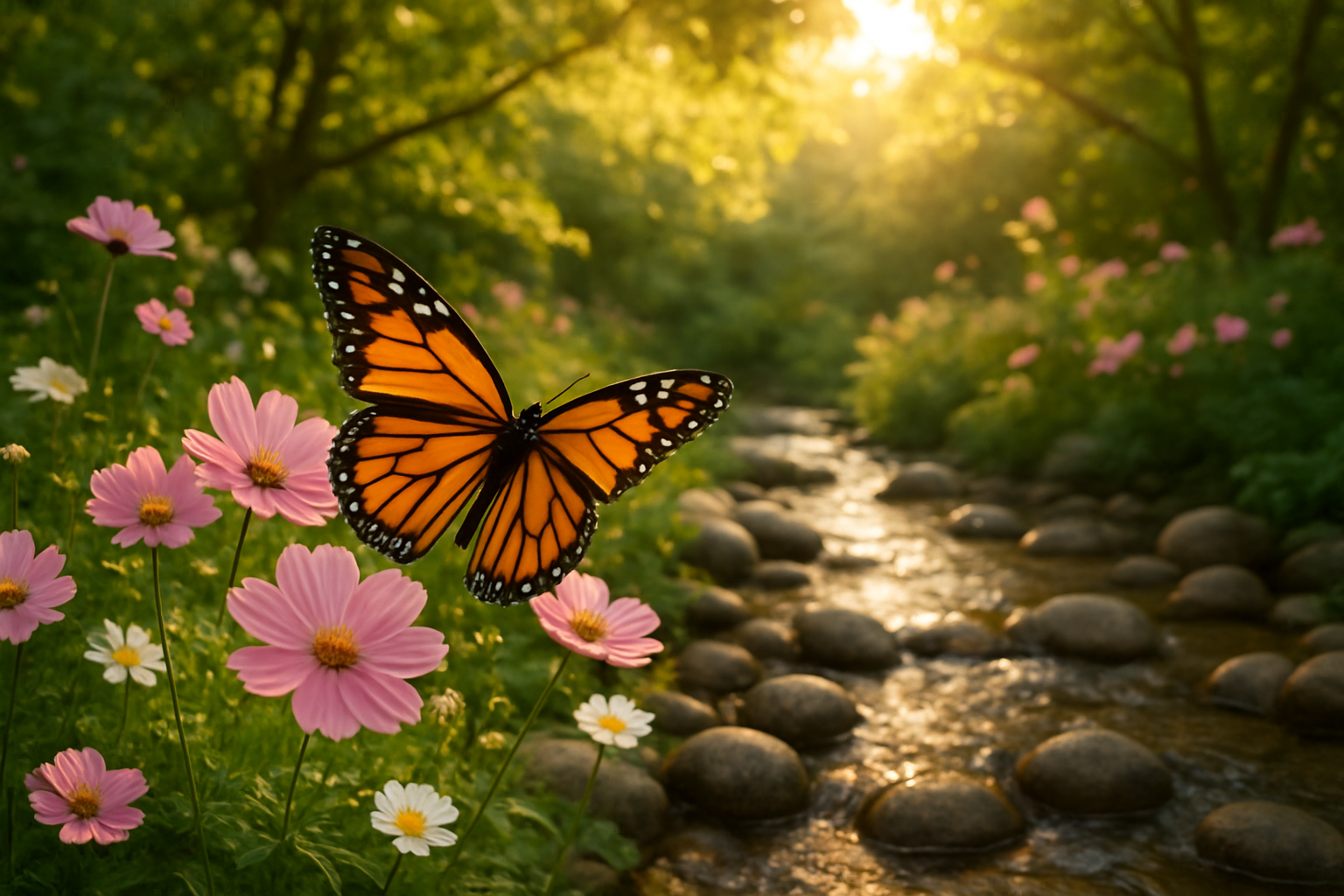 Create a realistic image of a serene garden scene with delicate flowers in full bloom, intricate butterfly wings displaying perfect symmetry and detailed patterns, a flowing stream with smooth river stones, and soft golden sunlight filtering through green leaves, showcasing the beauty and complexity of natural design with warm, peaceful lighting that emphasizes the intricate details and harmony of creation, absolutely NO text should be in the scene.