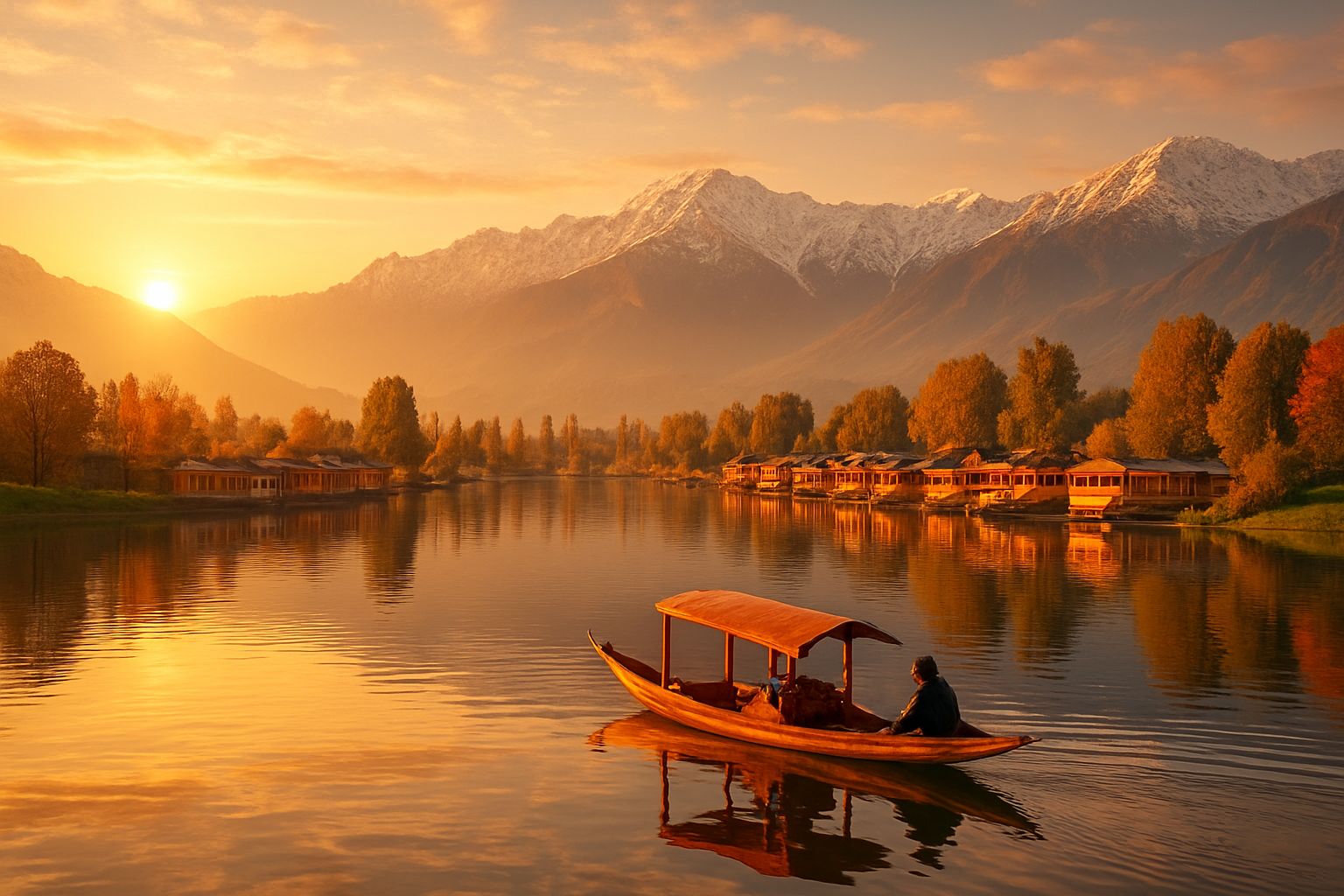 realistic image of a breathtaking panoramic view of Kashmir's iconic Dal Lake at golden hour, featuring a traditional wooden shikara boat gliding across the calm, reflective water surrounded by snow-capped Himalayan mountains in the background, with vibrant houseboats along the shore, lush green meadows, and colorful autumn trees framing the scene, warm golden sunlight casting a magical glow over the entire landscape, evoking a sense of wonder, tranquility, and the perfect end to an unforgettable journey, Absolutely NO text should be in the scene.