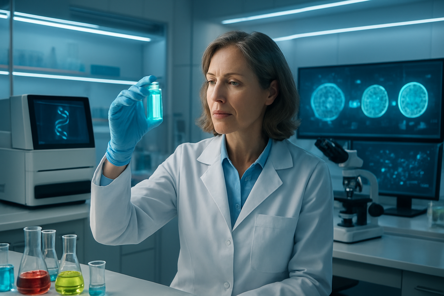 Create a realistic image of a modern biotechnology laboratory with sleek white surfaces and advanced scientific equipment including DNA sequencing machines, microscopes, and computer monitors displaying molecular structures and genetic data, featuring a middle-aged white female scientist in a lab coat examining a glowing blue vial containing a translucent serum, surrounded by holographic displays showing aging cells transforming into younger cells, with soft blue and white LED lighting creating a futuristic atmosphere, and glass containers with various colorful compounds arranged on laboratory benches, absolutely NO text should be in the scene.