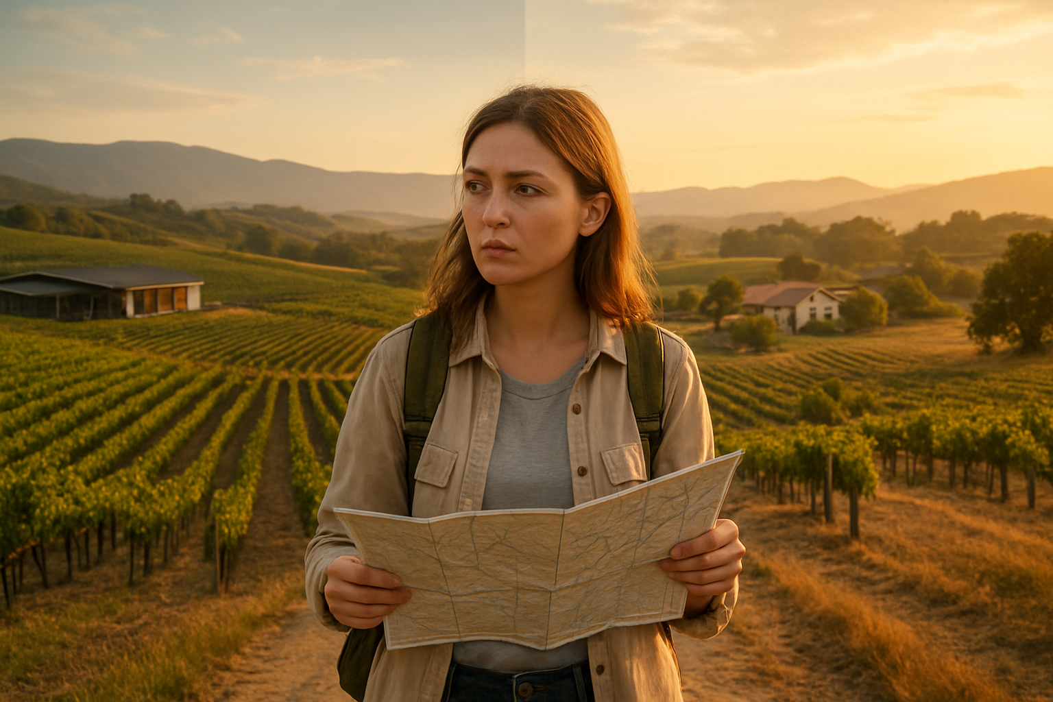 Create a realistic image of a split-screen composition showing two distinct wine regions with a contemplative white female traveler in the center foreground holding a map and looking thoughtfully between both sides, the left side displays rolling hills with organized vineyard rows and modern tasting rooms representing Napa Valley, the right side shows rustic countryside with smaller family wineries and farmhouses representing Sonoma County, warm golden hour lighting creates an inviting atmosphere, the woman wears casual travel attire and appears to be making a decision about which direction to go, vineyard landscapes stretch into the distance on both sides with mountains in the background, absolutely NO text should be in the scene.