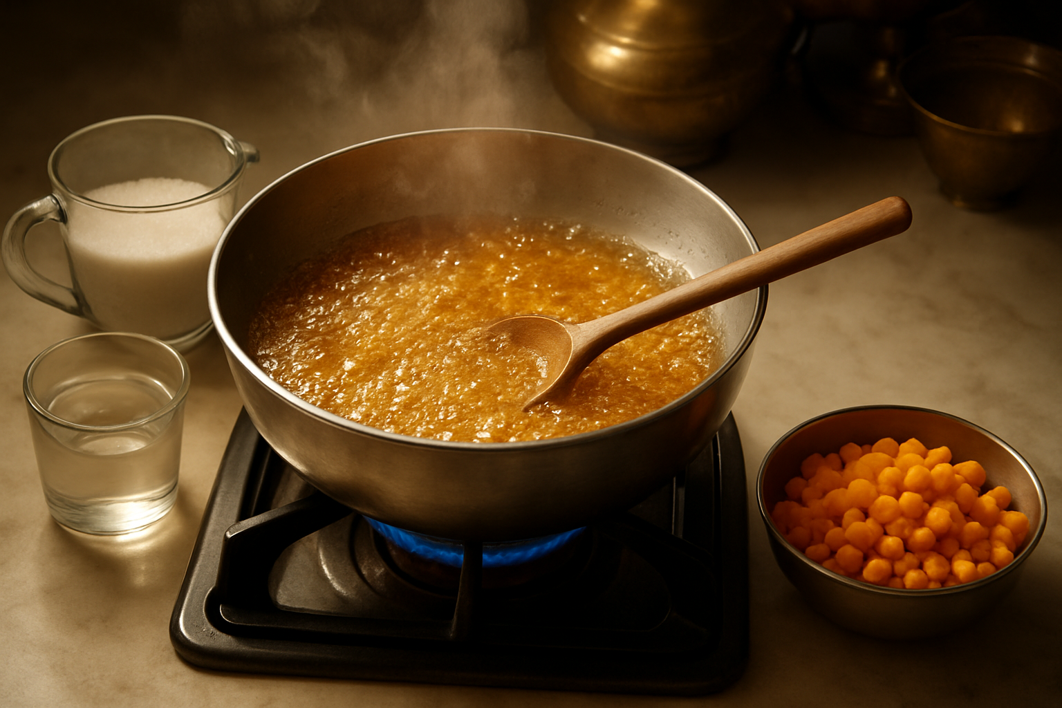 Create a realistic image of a traditional Indian kitchen scene showing sugar syrup preparation for motichoor laddu, featuring a heavy-bottomed stainless steel pan on a gas stove with golden amber sugar syrup bubbling inside, a wooden ladle for stirring, small orange motichoor boondi pearls in a separate bowl ready to be mixed, measuring cups with sugar and water nearby, warm golden lighting from above creating an inviting cooking atmosphere, clean marble countertop background with traditional brass utensils partially visible, steam rising gently from the hot syrup, absolutely NO text should be in the scene.