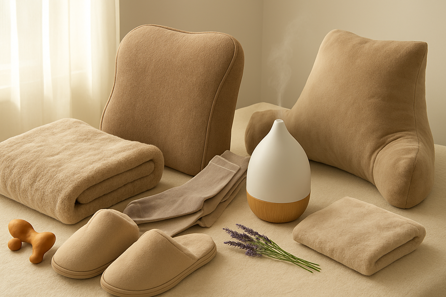 Create a realistic image of an elegant gift collection featuring comfort and wellness items for elderly care arranged on a soft cream-colored surface, including a plush heated throw blanket in warm beige tones, ergonomic lumbar support cushion, compression socks in gentle colors, essential oil diffuser with lavender sprigs nearby, comfortable memory foam slippers, a wooden massage tool, and a cozy reading pillow, all tastefully displayed with warm natural lighting from a nearby window, creating a peaceful and caring atmosphere that emphasizes daily comfort and wellbeing, absolutely NO text should be in the scene.