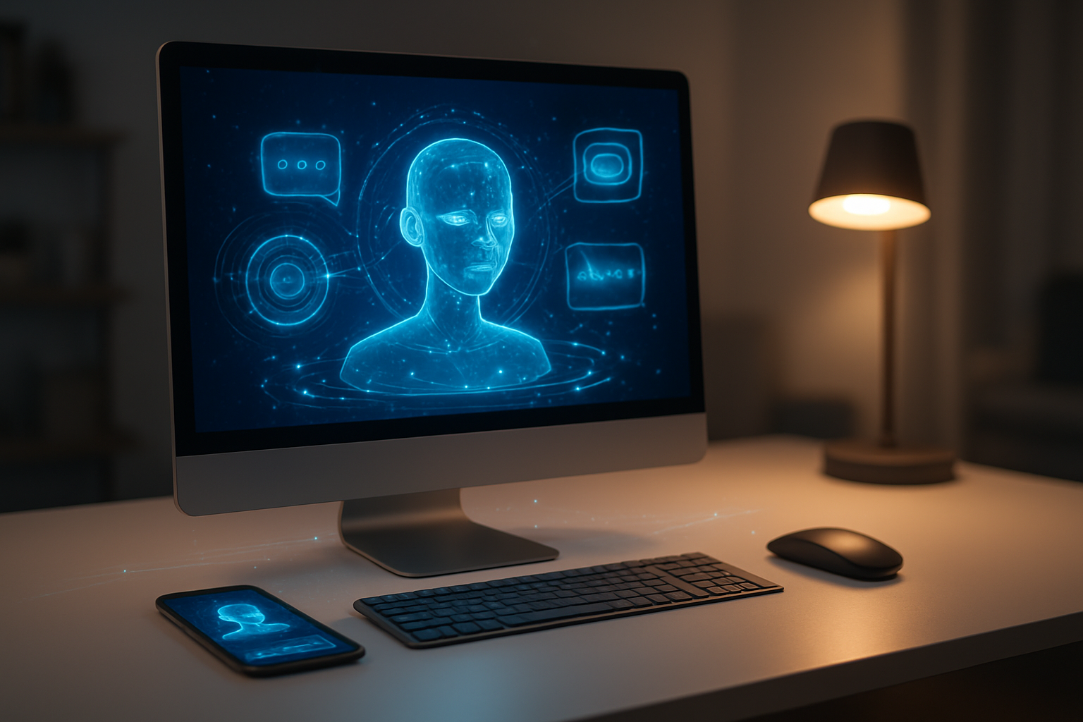Create a realistic image of a modern desktop computer setup on a clean white desk showing a sleek monitor displaying a futuristic AI assistant interface with glowing blue holographic elements floating above the screen, a wireless keyboard and mouse positioned neatly, a smartphone and tablet nearby showing synchronized AI features, soft ambient lighting from a desk lamp creating a warm productive atmosphere, subtle digital particles or light streams connecting the devices to suggest seamless integration, the scene set in a contemporary home office with blurred background elements, conveying innovation and the future of personal computing, absolutely NO text should be in the scene.