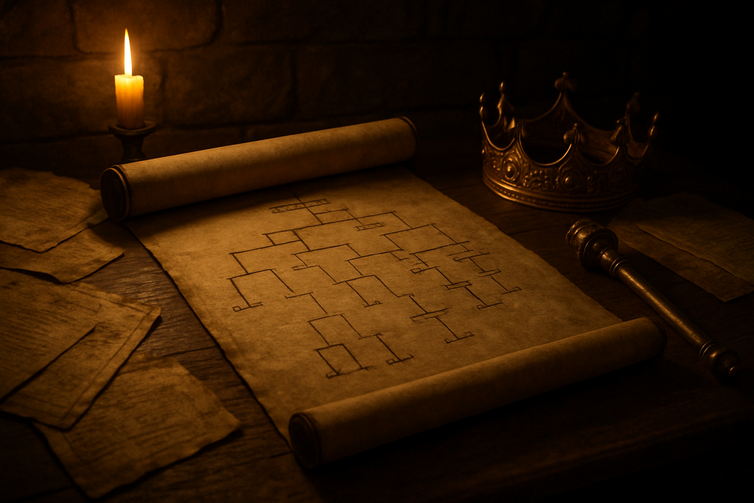 Create a realistic image of an ancient scroll partially unrolled on a wooden table showing a genealogical tree with connected lines and names, surrounded by aged parchments and historical documents, with a golden crown and royal scepter placed nearby, warm candlelight illuminating the scene from the left side, creating a scholarly and regal atmosphere in a dimly lit study room with stone walls, absolutely NO text should be in the scene.