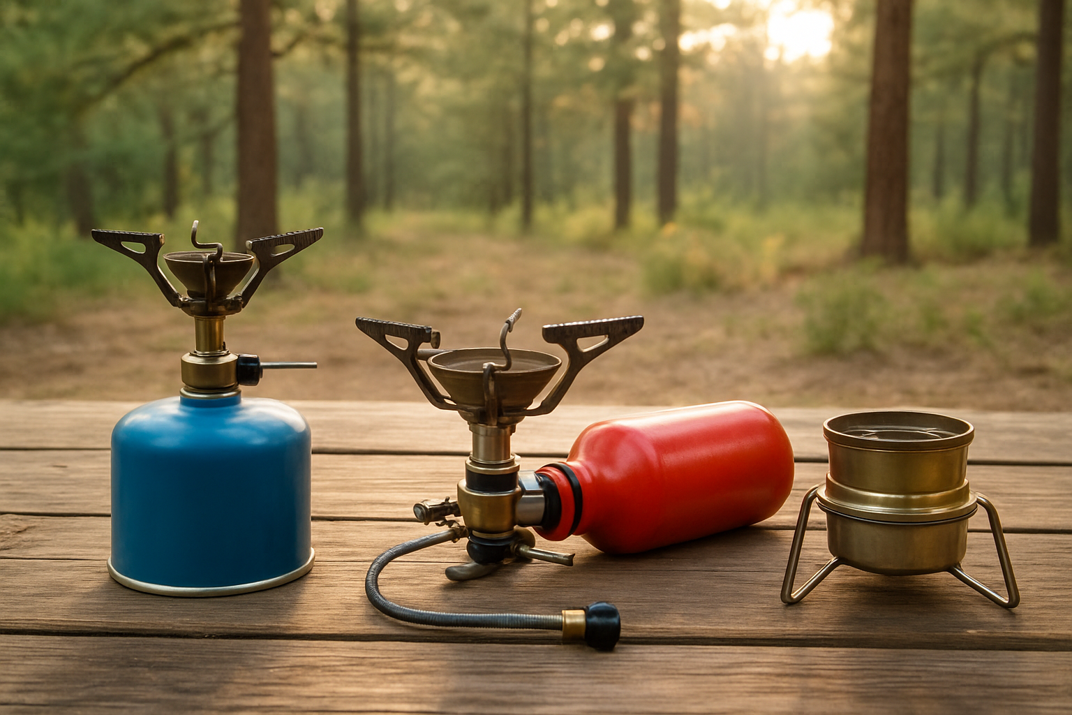 Create a realistic image of three distinct camping stoves arranged side by side on a wooden outdoor table, featuring a compact canister stove with blue fuel cartridge, a liquid fuel stove with pump and fuel bottle, and a lightweight alcohol burner stove, each positioned clearly to show their unique designs and components, set against a natural camping background with pine trees and soft morning sunlight filtering through the forest, creating a warm educational atmosphere perfect for comparison shopping. Absolutely NO text should be in the scene.