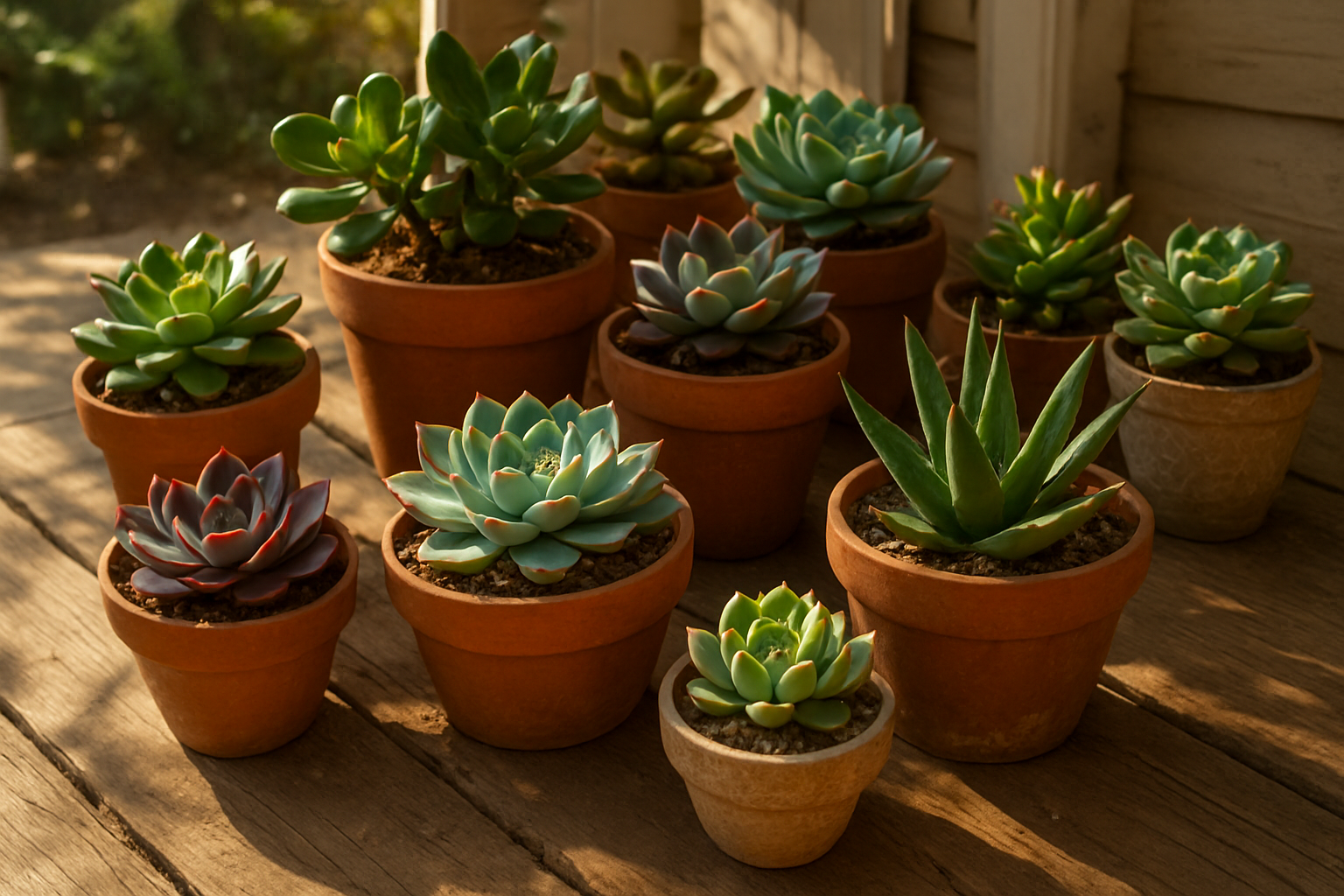 Create a realistic image of various colorful succulent plants arranged in terracotta pots and decorative planters on a sunny porch, featuring different varieties like echeveria, jade plants, and aloe with their thick fleshy leaves in shades of green, purple, and blue-green, natural wooden porch flooring with dappled sunlight filtering through, peaceful low-maintenance garden atmosphere with some dried soil and small pebbles visible, warm natural lighting creating soft shadows, absolutely NO text should be in the scene.
