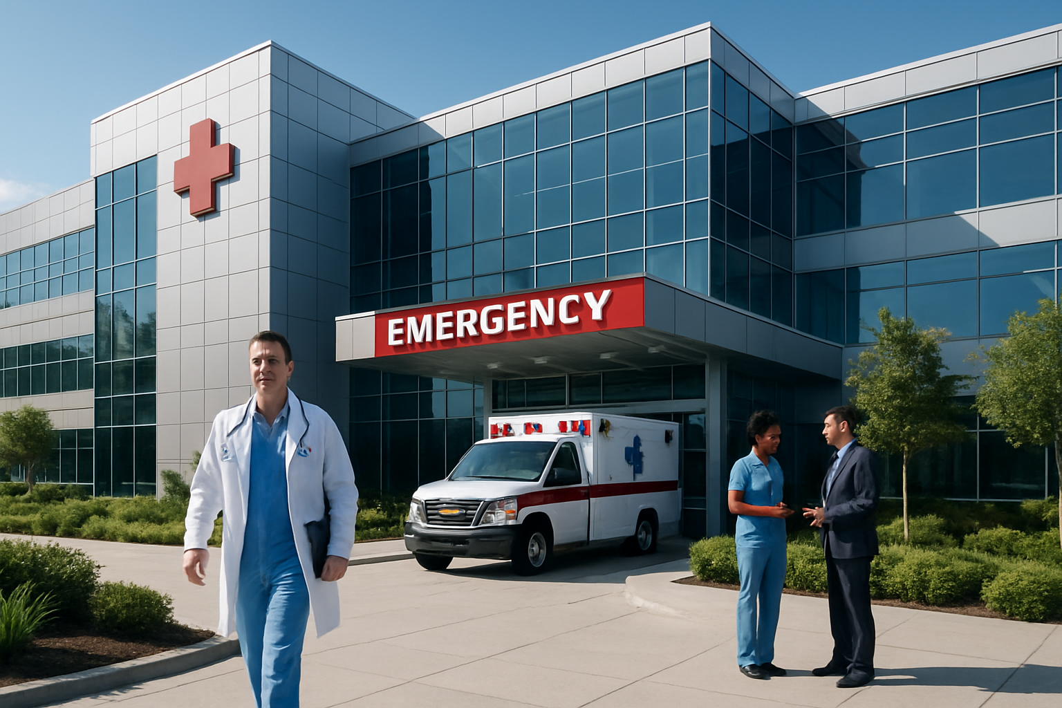 Create a realistic image of a modern private hospital exterior with a sleek glass and steel architecture, featuring a prominent emergency entrance with an ambulance parked outside, a white male doctor in scrubs and white coat walking confidently toward the entrance carrying a medical tablet, a diverse group including a black female nurse and white male administrator discussing near the main entrance, medical cross symbols and professional signage visible on the building facade, well-manicured landscaping with green plants and trees, bright natural daylight with clear blue sky, conveying professionalism and excellence in healthcare, shot from a slightly elevated angle to show the impressive scale of the facility, absolutely NO text should be in the scene.