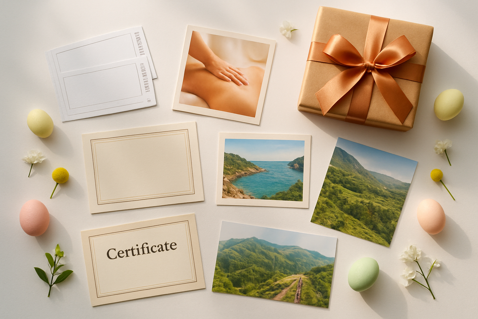 Create a realistic image of a collection of experience-based gift items arranged on a clean white surface including concert tickets, a spa voucher, cooking class certificate, travel brochures, adventure activity bookings, and a gift box with a ribbon, all surrounded by subtle Easter decorations like pastel colored eggs and small spring flowers, shot with soft natural lighting from above, warm and inviting mood, absolutely NO text should be in the scene.