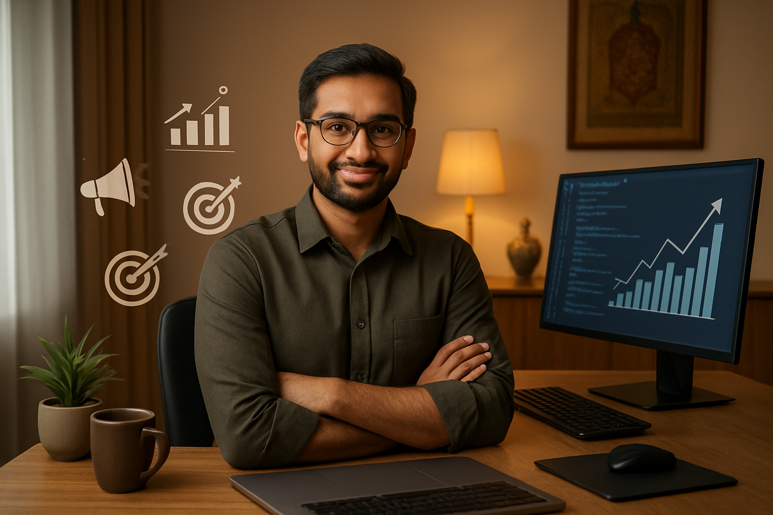 Create a realistic image of a South Asian male freelancer sitting at a modern desk with a laptop, surrounded by visual elements representing high-paying niches like digital marketing icons, web development code snippets on a secondary monitor, and financial charts showing upward growth trends, set in a contemporary home office with warm lighting, Pakistani cultural elements subtly visible in the background decor, conveying success and professional achievement through his confident posture and organized workspace, absolutely NO text should be in the scene.