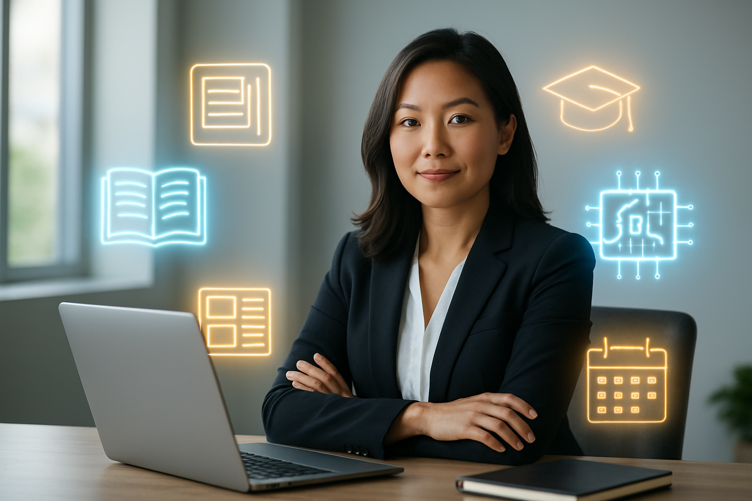 Create a realistic image of a confident Asian female entrepreneur sitting at a modern desk with a laptop open, surrounded by floating digital icons representing the five digital products: an ebook symbol, template designs, a graduation cap for online courses, AI circuit patterns, and calendar/planner graphics, all glowing with soft blue and gold light against a clean office background with natural lighting from a large window, conveying success and digital transformation, absolutely NO text should be in the scene.