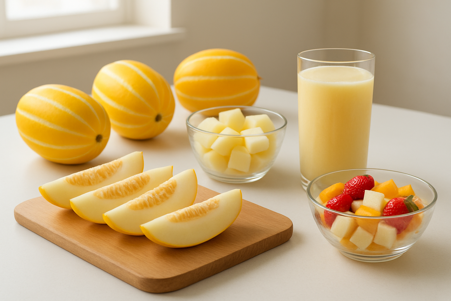 Create a realistic image of various Korean melons (chamoe) displayed in different serving styles including whole melons with yellow skin and white stripes, sliced melon pieces arranged on a wooden cutting board, melon chunks in a clear glass bowl, melon juice in a tall glass, and melon pieces mixed in a fruit salad, all arranged on a clean white kitchen counter with soft natural lighting from a window, creating a fresh and appetizing atmosphere that showcases multiple ways to enjoy this Korean fruit, absolutely NO text should be in the scene.