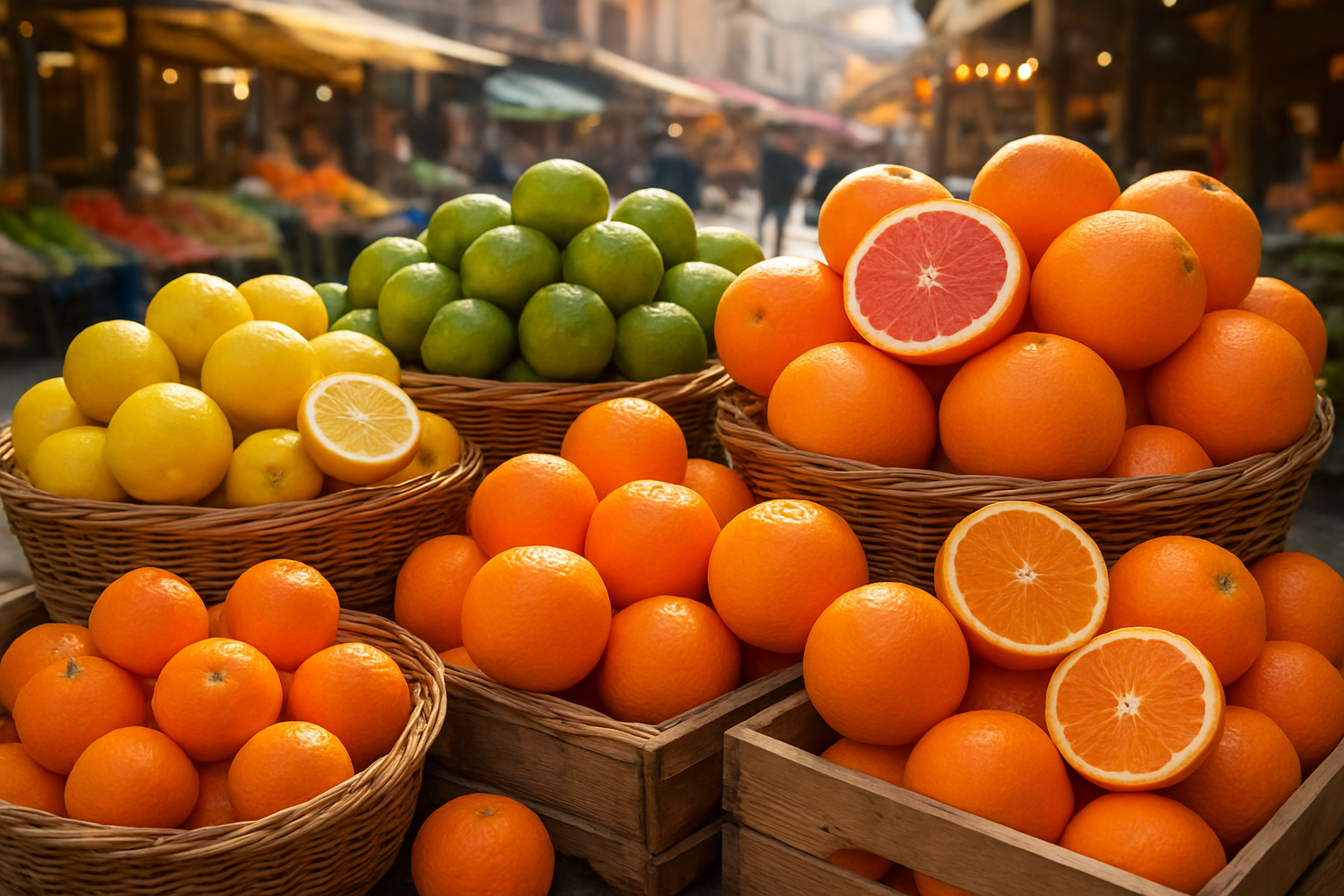 Create a realistic image of an abundant display of various citrus fruits including oranges, lemons, limes, grapefruits, and tangerines arranged in wicker baskets and wooden crates at a vibrant international marketplace, with some fruits cut in half to show their juicy interior, bright natural lighting highlighting the colorful textures and fresh appearance of the fruits, bustling market atmosphere in the background with blurred market stalls, warm and inviting mood that emphasizes the global popularity and freshness of citrus fruits, absolutely NO text should be in the scene.
