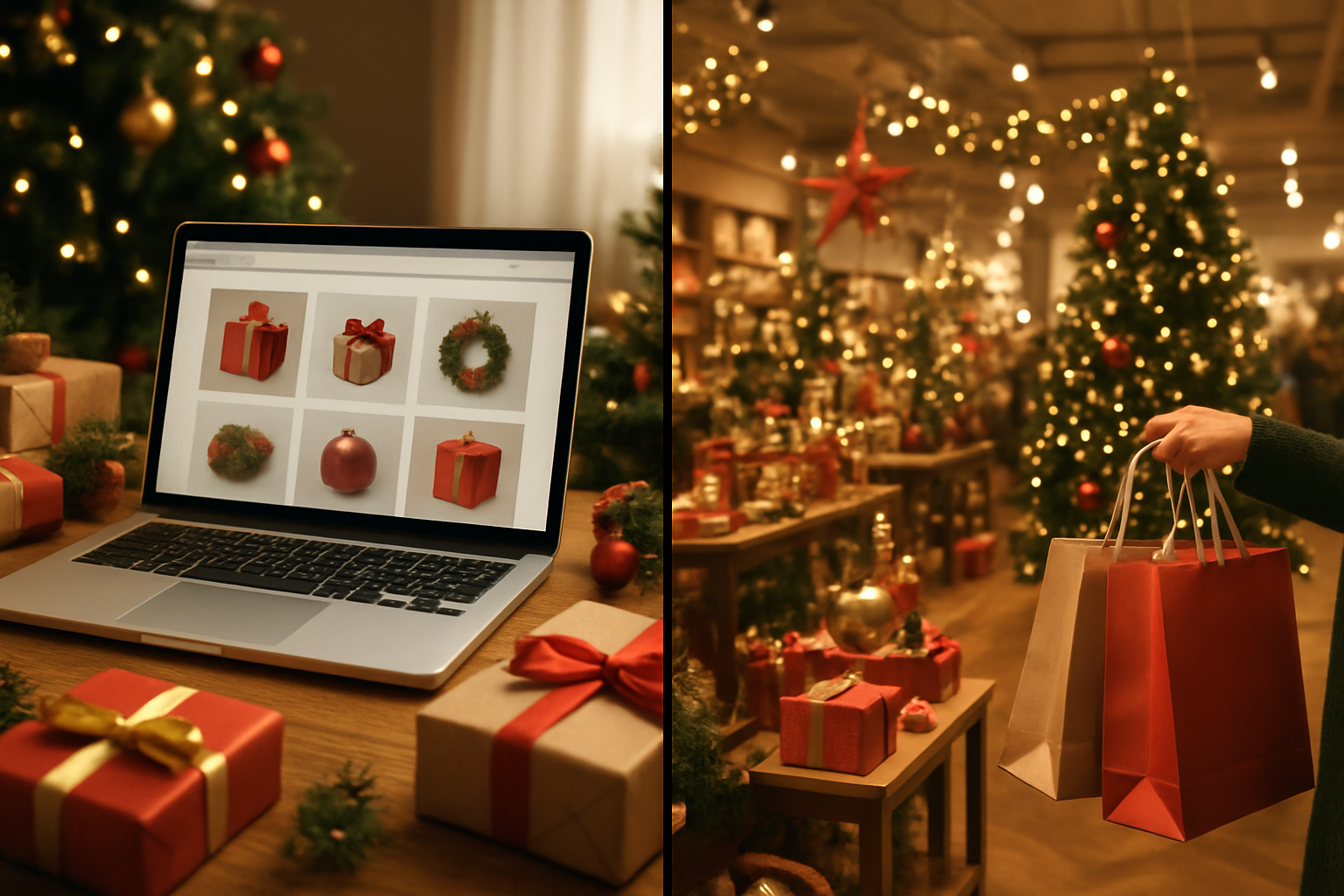Create a realistic image of a split-screen composition showing online and in-store Christmas shopping scenarios, with the left side featuring a laptop computer displaying a shopping website with Christmas gift items on a wooden desk surrounded by wrapped presents and holiday decorations, and the right side showing a bustling Christmas-decorated retail store interior with shopping bags, gift displays, and festive lighting, connected by a subtle dividing line in the center, warm golden lighting throughout the scene creating a cozy holiday atmosphere, featuring Christmas trees, ornaments, and seasonal decorations in both environments, absolutely NO text should be in the scene.