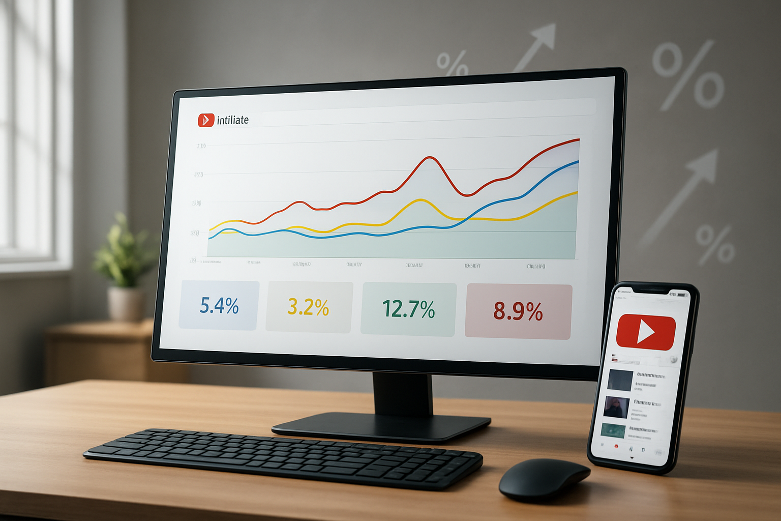 Create a realistic image of a sleek computer setup showing YouTube analytics dashboard on a large monitor displaying colorful click-through rate graphs and metrics, with a smartphone beside it showing YouTube mobile interface, surrounded by modern office environment with soft natural lighting from a window, featuring upward trending arrow graphics and percentage symbols floating subtly in the background, creating a professional and success-oriented atmosphere. Absolutely NO text should be in the scene.