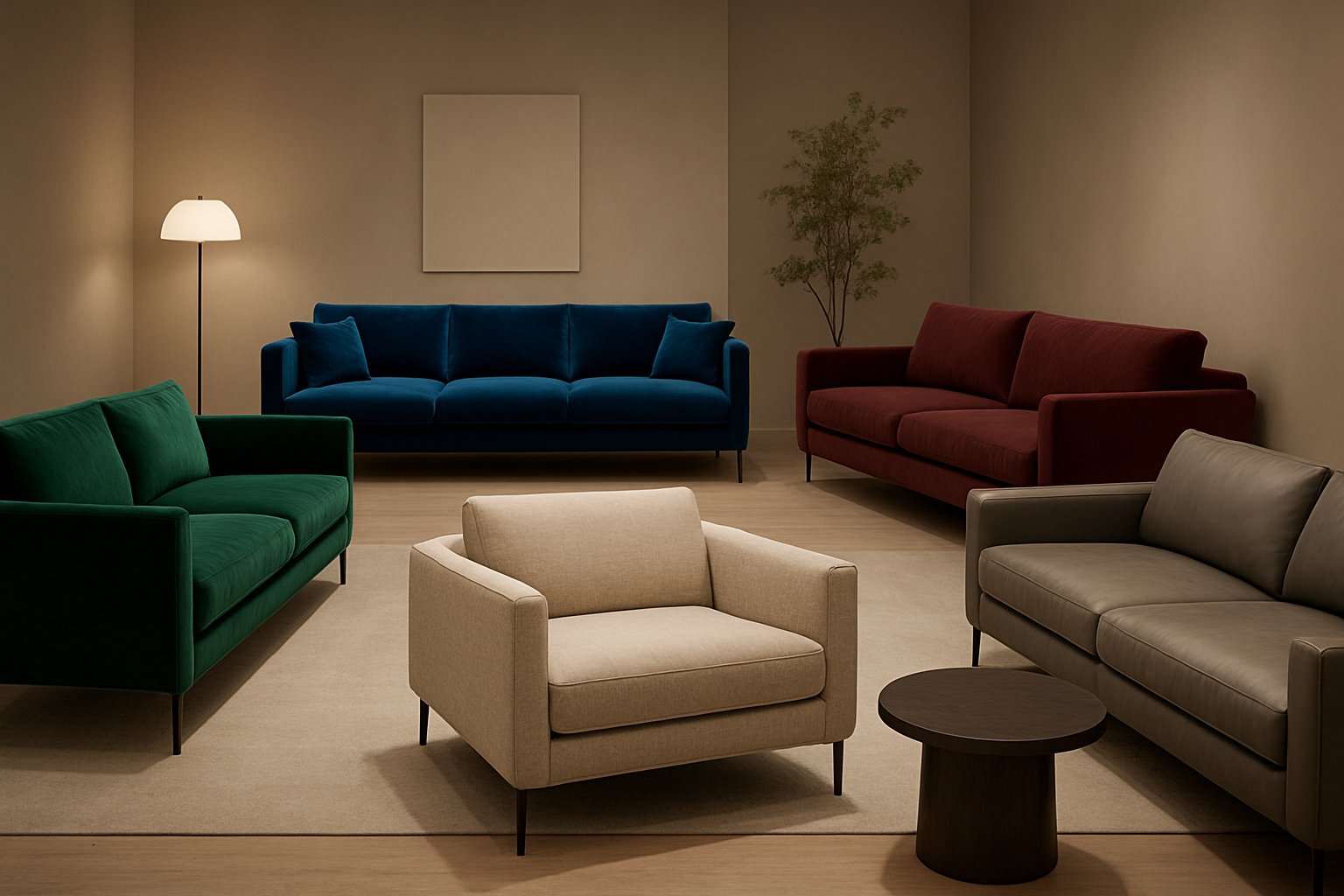 Create a realistic image of a luxurious modern living room showcasing various trendy 2025 sofa materials and colors, featuring multiple elegant couches and sectionals in rich jewel tones like emerald green, sapphire blue, and burgundy, alongside neutral beiges and warm grays, displaying different premium fabrics including velvet, linen, leather, and stain-resistant microfiber textures, arranged in a sophisticated showroom setting with soft ambient lighting and minimalist decor, absolutely NO text should be in the scene.