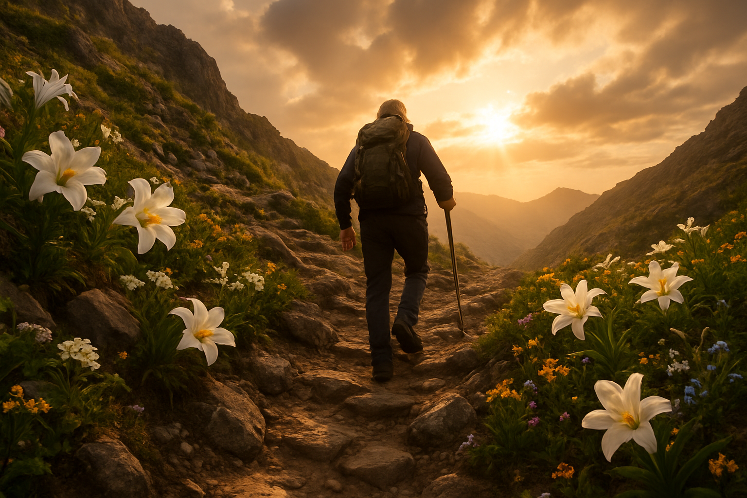 Create a realistic image of a person climbing a mountain path with Easter lilies and spring flowers blooming along the rocky trail, showing both challenging steep terrain and beautiful growth emerging from the earth, with warm golden sunlight breaking through clouds above, symbolizing spiritual growth and seasonal renewal, with a peaceful yet determined mood as the climber progresses upward through the natural obstacles, Absolutely NO text should be in the scene.