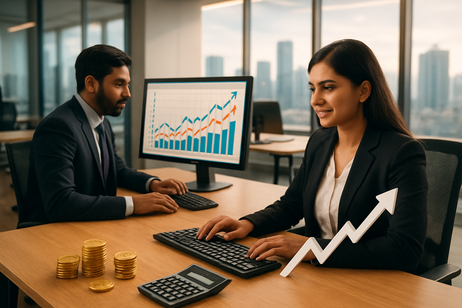Create a realistic image of a modern office environment with South Asian male and female professionals in business attire working at desks with computers and financial charts, alongside symbols of economic growth like upward trending graphs, golden coins, and calculator on a clean wooden desk, with a bright corporate background featuring glass windows showing city skyline, warm professional lighting creating an atmosphere of success and prosperity, absolutely NO text should be in the scene.