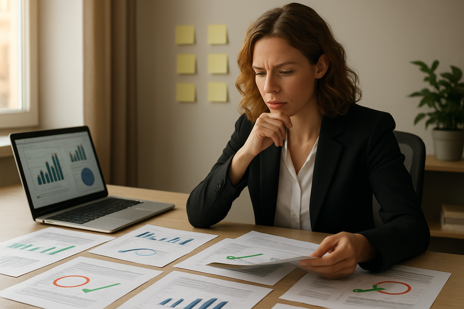 Create a realistic image of a professional workspace with a white female business professional sitting at a modern desk, thoughtfully reviewing documents and charts spread across the surface, with some papers marked with green checkmarks representing wins and others with red circles indicating setbacks, a laptop displaying graphs and analytics, sticky notes on a wall behind her, warm natural lighting from a window, creating a focused and analytical atmosphere, absolutely NO text should be in the scene.