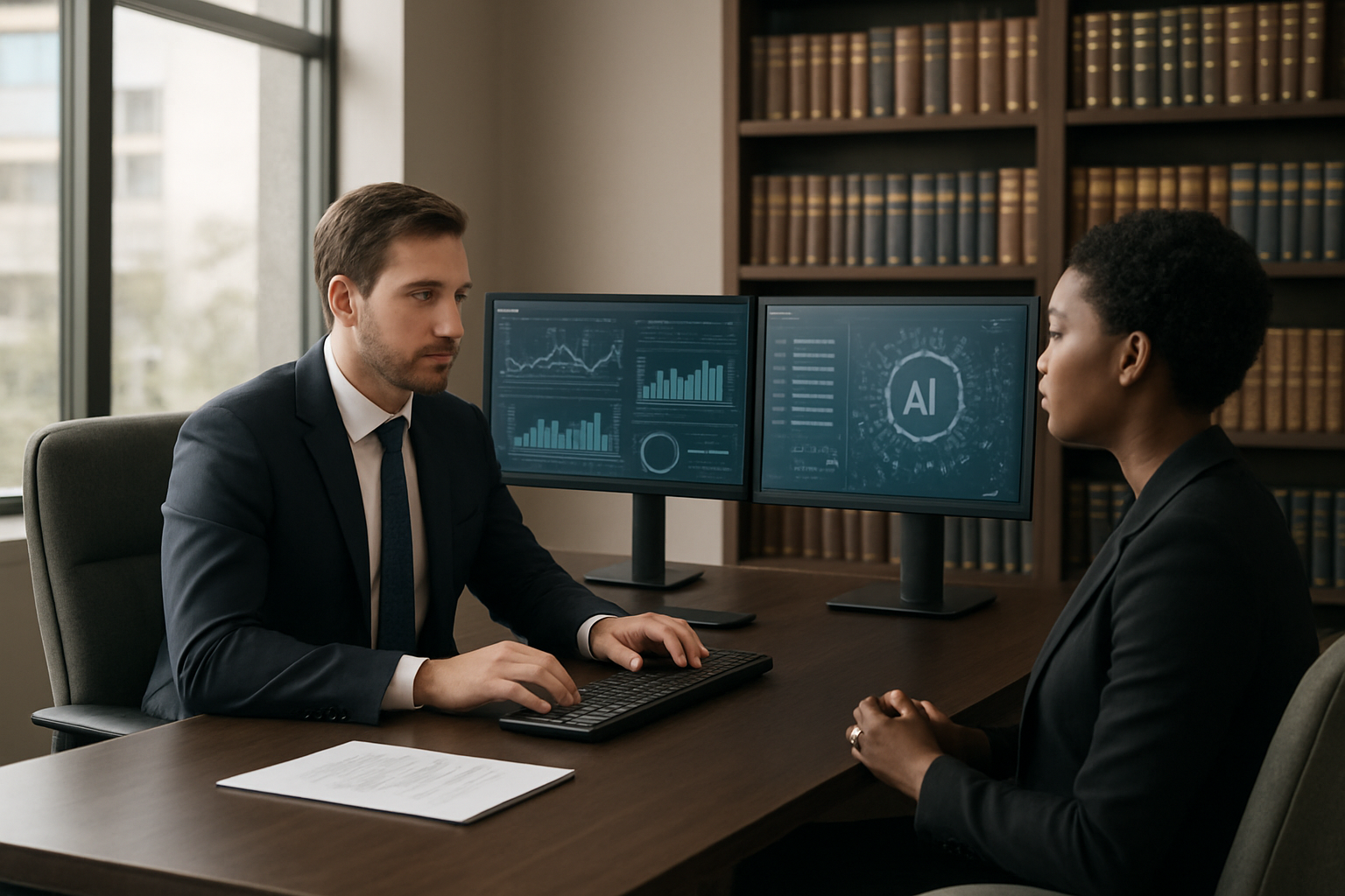 Create a realistic image of a modern law office with a white male lawyer in a suit working at a sleek desk with multiple computer monitors displaying data analytics dashboards and AI interfaces, while a black female client sits across from him in a comfortable chair during a consultation, with soft natural lighting from large windows, contemporary legal books on shelves, and a sophisticated, professional atmosphere that conveys efficiency and innovation in legal services, absolutely NO text should be in the scene.