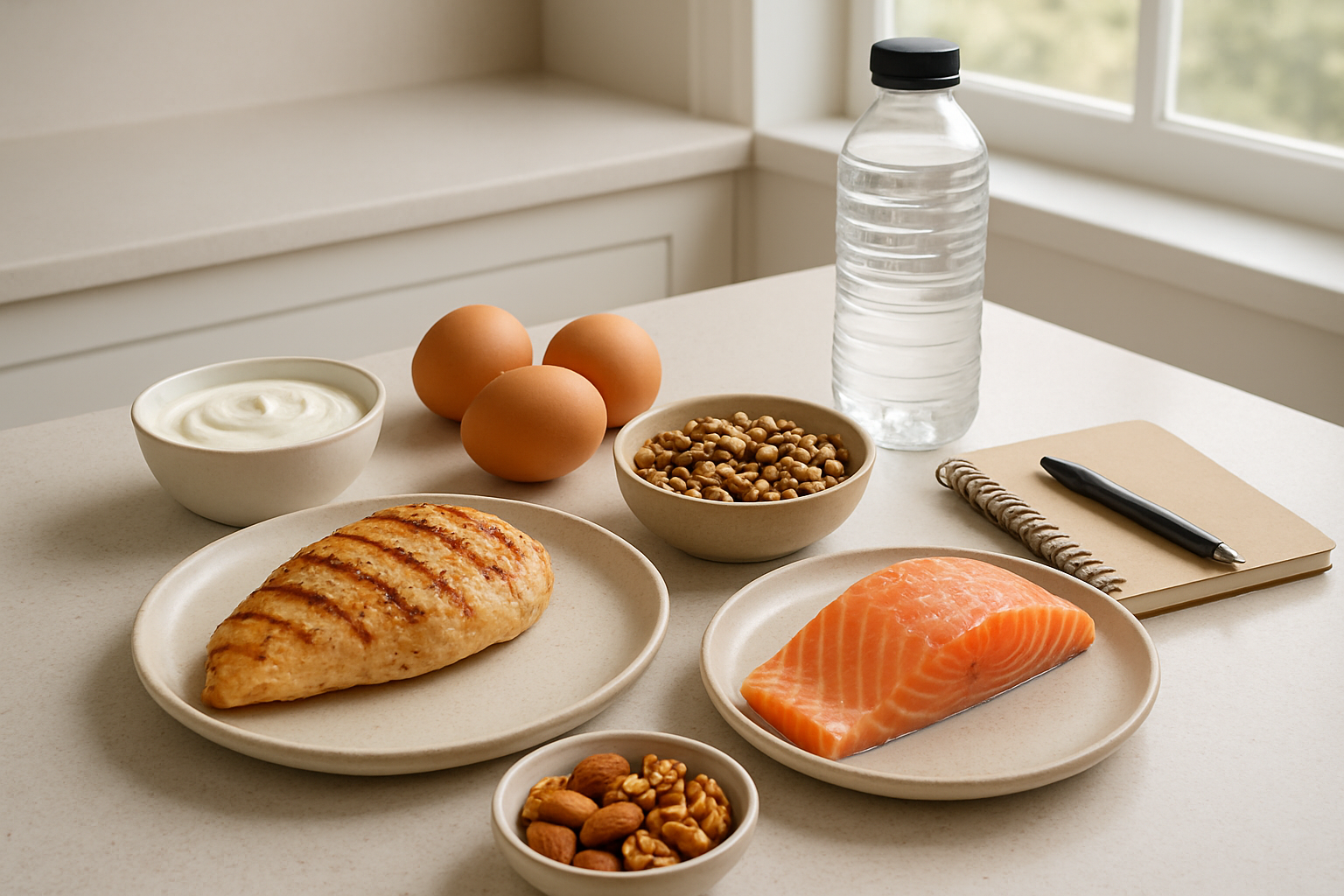 Create a realistic image of a clean, modern kitchen counter with various high-quality protein sources artfully arranged including grilled chicken breast, salmon fillet, eggs, Greek yogurt, nuts, and legumes, with a smartphone displaying a nutrition tracking app nearby, a water bottle, and a small notebook with a pen, all bathed in soft natural lighting from a window, conveying a sense of accomplishment and healthy lifestyle achievement, absolutely NO text should be in the scene.