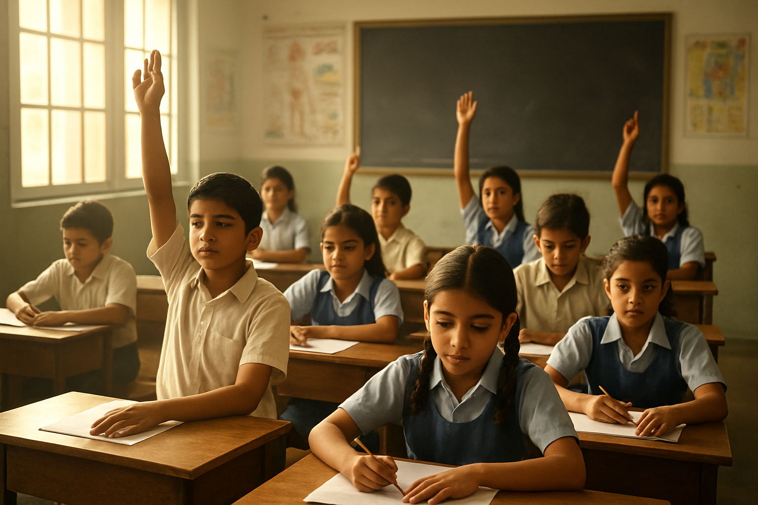 Create a realistic image of a diverse group of Indian students of various ages sitting at wooden desks in a bright classroom, with some students raising their hands while others are writing on papers, surrounded by educational posters on the walls, a blackboard in the background, natural sunlight streaming through large windows creating a warm and hopeful atmosphere, with a focus on determination and academic aspiration. Absolutely NO text should be in the scene.