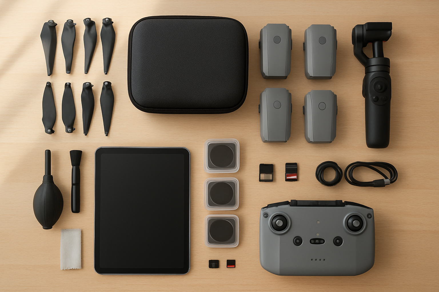 Create a realistic image of a neatly organized aerial photography accessories layout on a clean wooden desk surface featuring essential drone equipment including extra propellers, rechargeable batteries, a drone carrying case, ND filters in their cases, a smartphone gimbal, lens cleaning kit, memory cards, a tablet for flight planning, charging cables, and a remote controller, all arranged in an aesthetically pleasing flat lay composition with soft natural lighting from a window creating gentle shadows, captured from directly above to showcase the complete setup, with a modern minimalist background. Absolutely NO text should be in the scene.