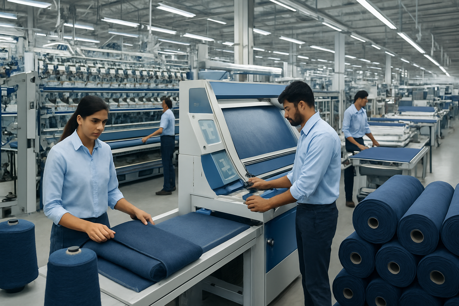 Create a realistic image of a modern Indian denim manufacturing facility showcasing industrial excellence with rows of advanced textile machinery, spinning cotton into denim fabric, Indian male and female workers in professional attire operating sophisticated equipment, quality control stations with fabric samples, large spools of indigo-dyed yarn, finished denim rolls stacked systematically, clean industrial environment with bright overhead lighting, conveyor systems, and automated cutting tables, emphasizing precision and technological advancement in textile production. Absolutely NO text should be in the scene.