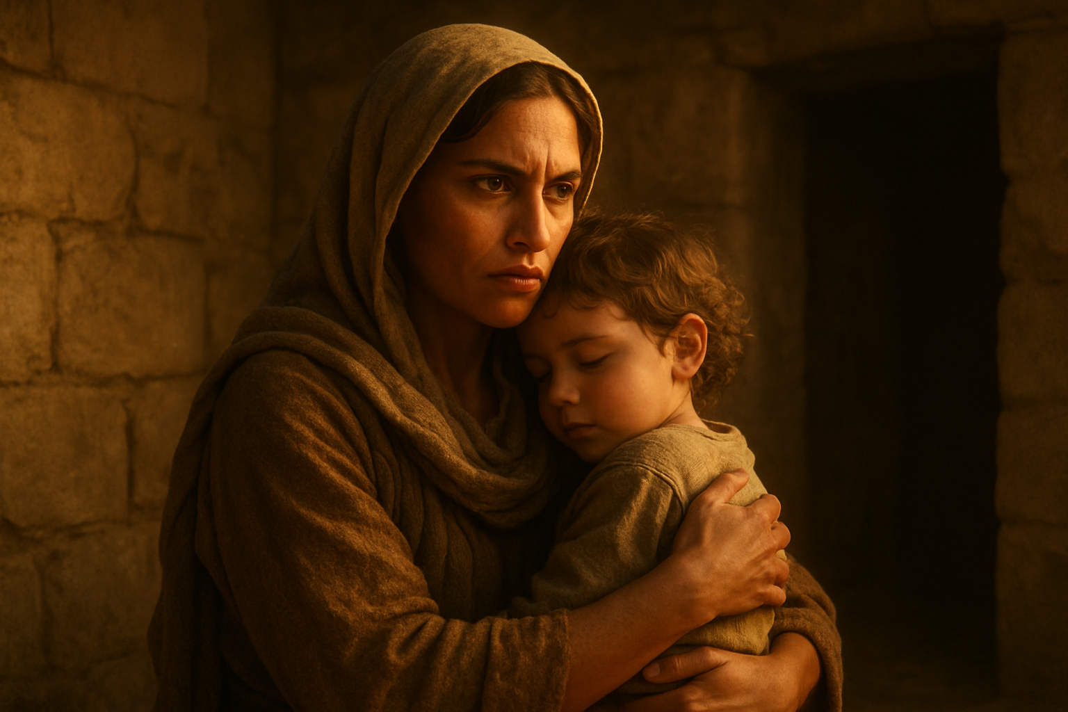 Create a realistic image of a Middle Eastern female mother in ancient biblical clothing protectively embracing her young child, with warm golden lighting suggesting divine protection, set against a simple ancient stone dwelling background, conveying strength, love, and fierce maternal protection through her determined yet tender expression, with soft shadows creating an intimate atmosphere that emphasizes the sacred bond between mother and child, absolutely NO text should be in the scene.