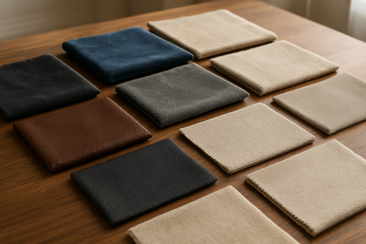 Create a realistic image of various fabric samples and upholstery materials laid out on a wooden table, including leather swatches in brown and black, velvet fabric pieces in deep blue and gray, linen samples in beige and cream colors, microfiber materials in neutral tones, and cotton blend fabrics, with some fabric texture close-ups showing weave patterns and material quality, soft natural lighting from a window creating gentle shadows, warm and professional atmosphere of an interior design studio or furniture showroom, absolutely NO text should be in the scene.
