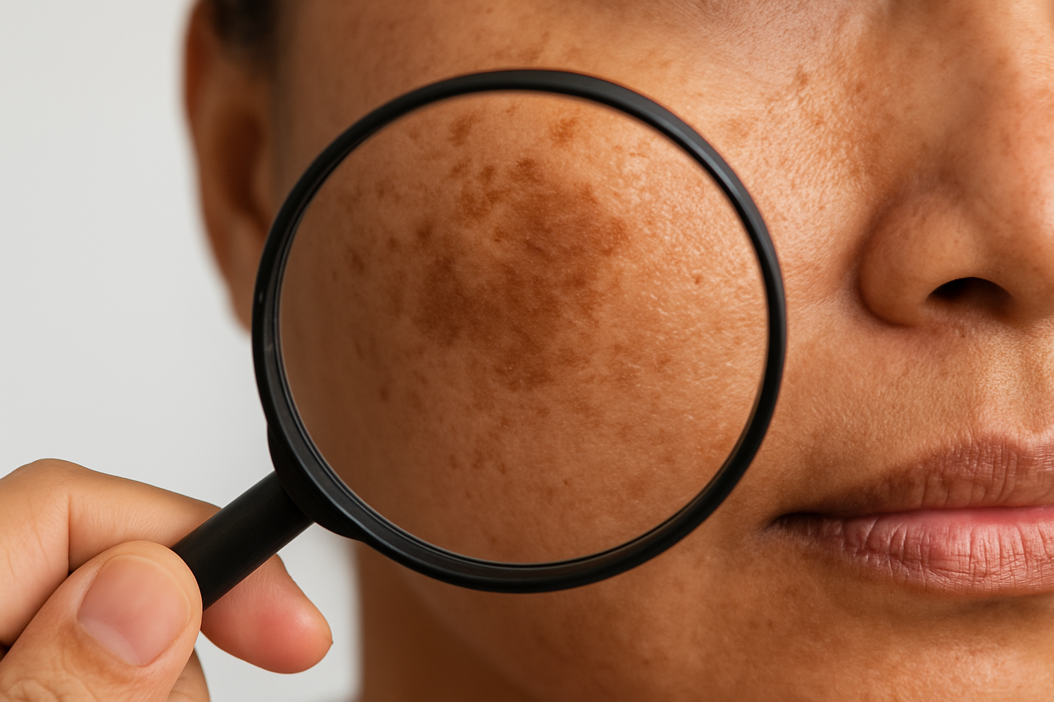 Create a realistic image of a close-up view of human skin showing different areas of pigmentation including dark spots, melasma patches, and uneven skin tone on a medium-toned complexion, with a magnifying glass positioned over one section to emphasize detailed examination, soft natural lighting illuminating the skin texture, clean white background suggesting a clinical or educational setting, with subtle shadows creating depth and medical consultation atmosphere. Absolutely NO text should be in the scene.