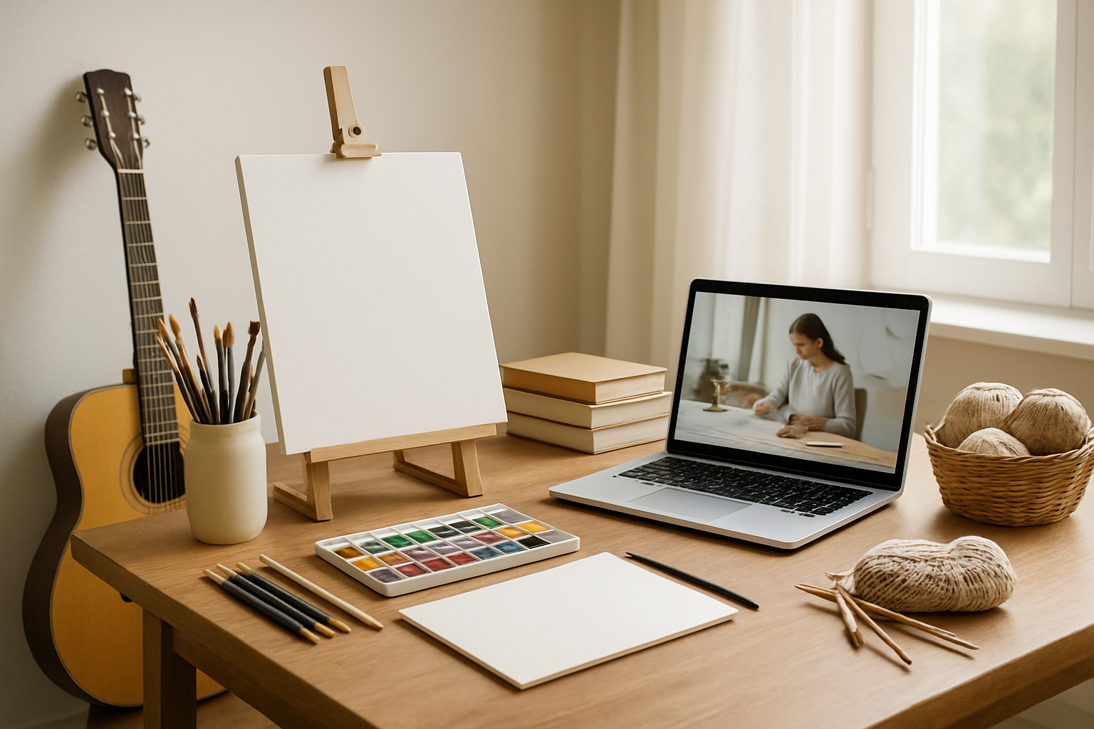 Create a realistic image of a clean, well-lit workspace with multiple creative activities arranged on a wooden desk including art supplies like paintbrushes, watercolor paints, sketching pencils, and a blank canvas, alongside skill-building items such as a guitar, books, a laptop displaying an online course, and craft materials like yarn and knitting needles, with soft natural lighting coming through a window creating an inspiring and organized learning environment, absolutely NO text should be in the scene.