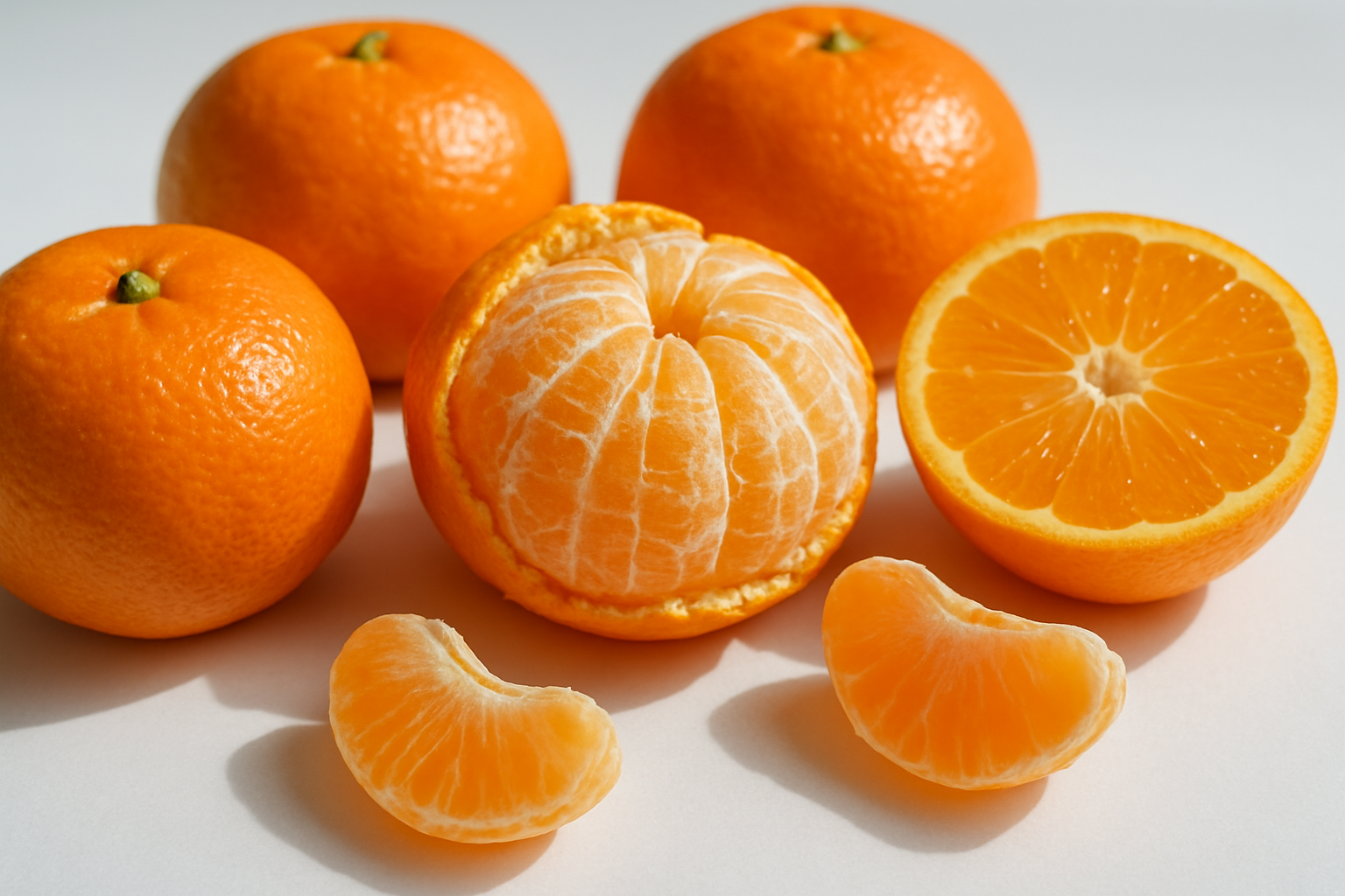 Create a realistic image of several fresh tangerines displaying their key physical characteristics, showing whole fruits with bright orange, slightly bumpy pebbly skin texture, one tangerine partially peeled to reveal segmented interior with visible white pith, another cut in half showing juicy orange flesh segments, arranged on a clean white surface with natural daylight illumination highlighting the vibrant orange color and textural details of the citrus fruits, captured from a three-quarter angle view, absolutely NO text should be in the scene.