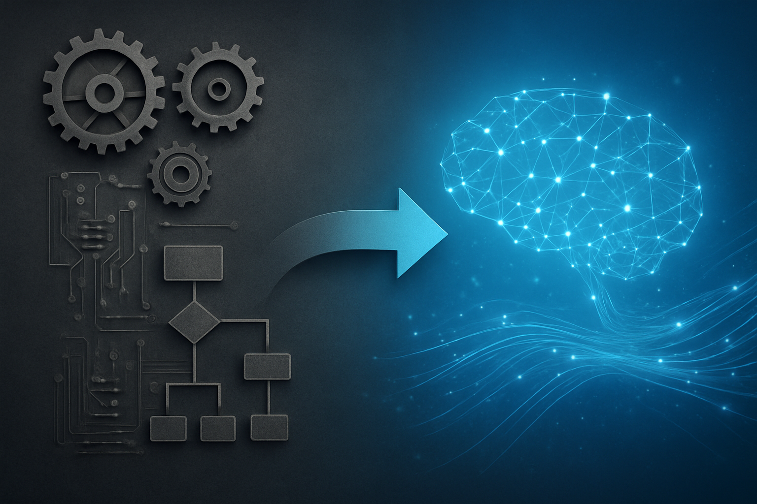 Create a realistic image of a split-screen composition showing the evolution of AI technology, with the left side displaying simple mechanical gears, basic circuit boards, and rigid flowcharts representing rule-based systems, while the right side features a sleek futuristic neural network visualization with glowing interconnected nodes, dynamic data streams, and holographic brain-like structures representing intelligent decision-making, connected by a flowing transformation arrow in the center, set against a gradient background transitioning from dark industrial tones to bright technological blues and whites, with soft ambient lighting highlighting the contrast between old and new AI paradigms, absolutely NO text should be in the scene.