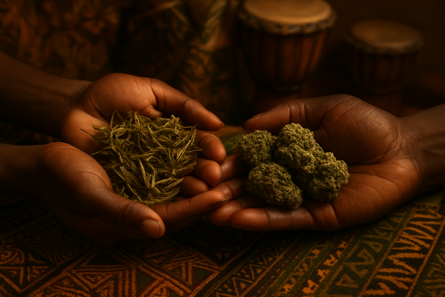 Create a realistic image of black male and female hands gently holding dried cannabis leaves and buds, with traditional African textiles and patterns visible in the background, warm golden lighting highlighting the connection between cultural heritage and plant medicine, featuring earthy tones of green, brown, and gold that evoke both natural cannabis colors and African artistic traditions, with subtle musical instruments like drums or other culturally significant objects softly blurred in the background, creating a respectful and dignified atmosphere that honors cultural legacy, absolutely NO text should be in the scene.