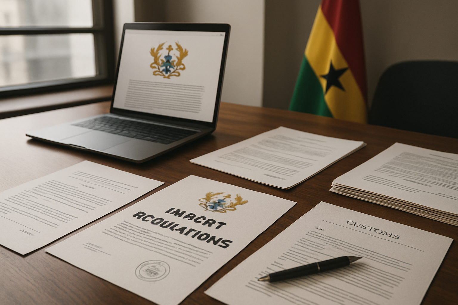 Create a realistic image of a modern office setting with official Ghana import regulation documents, customs forms, and legal paperwork spread across a polished wooden desk, accompanied by a laptop computer displaying regulatory information, a Ghana flag in the background, official government seals visible on documents, professional lighting illuminating the workspace, conveying a serious business atmosphere focused on compliance and legal requirements, absolutely NO text should be in the scene.