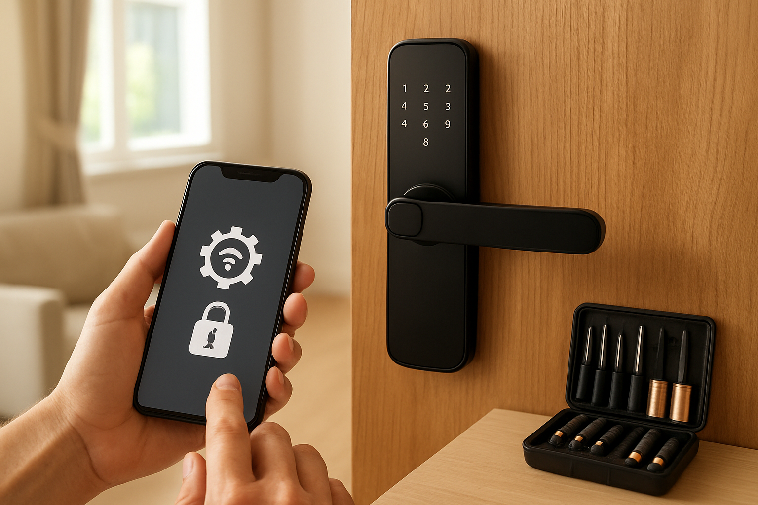 Create a realistic image of a modern smart WiFi door lock mounted on a wooden door frame with a smartphone displaying a lock troubleshooting app interface being held by hands in the foreground, alongside a small toolkit containing screwdrivers and batteries on a nearby surface, indoor residential setting with warm natural lighting from a nearby window, clean and organized home environment suggesting a rental property maintenance scenario, absolutely NO text should be in the scene.