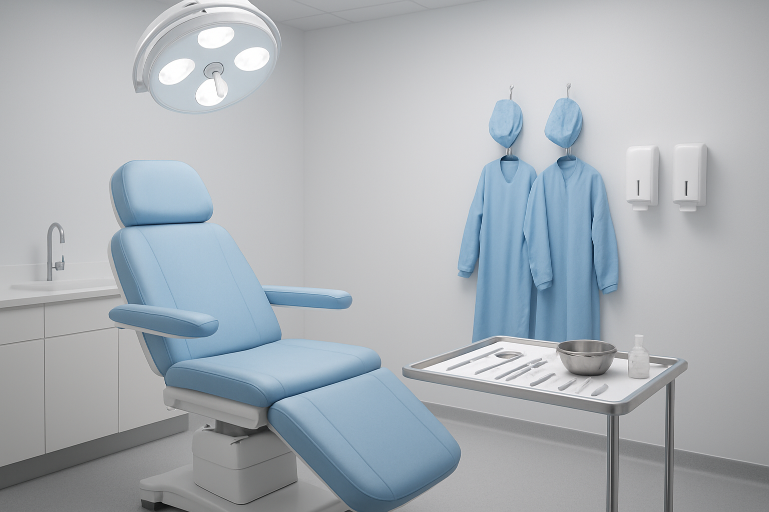 Create a realistic image of a clean, modern medical preparation room with a comfortable reclining chair, medical instruments neatly arranged on a sterile tray, surgical caps and gowns hanging on hooks, hand sanitizer dispensers mounted on the wall, bright clinical lighting overhead, and a calm, professional atmosphere with white and light blue color scheme. Absolutely NO text should be in the scene.