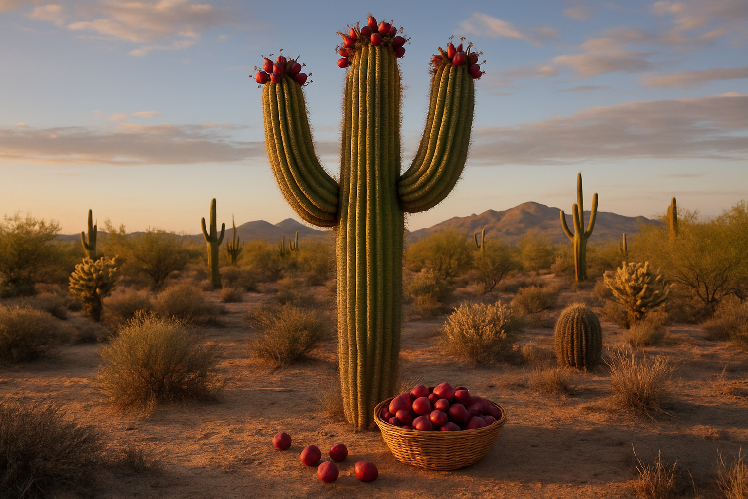 Create a realistic image of a mature saguaro cactus in the foreground with ripe red fruits clearly visible at the top of its arms, surrounded by a beautiful Sonoran desert landscape with other desert plants and cacti, warm golden hour lighting casting long shadows across the sandy ground, with a few harvested saguaro fruits placed on a traditional woven basket at the base of the cactus, creating a peaceful and educational desert scene that showcases both the natural habitat and the harvesting aspect of saguaro fruit, absolutely NO text should be in the scene.