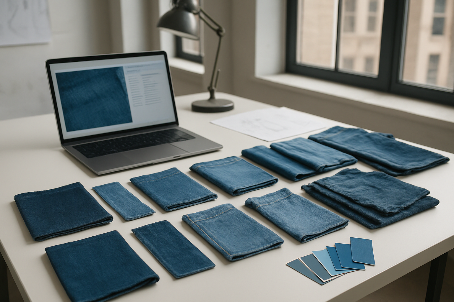 Create a realistic image of a modern fashion design studio workspace featuring multiple denim fabric swatches and samples in various trending washes including sustainable indigo, vintage-inspired fades, and contemporary finishes arranged on a clean white work table, with professional lighting illuminating the textures and color variations of the denim samples, a sleek laptop computer open displaying fabric specifications, color palette cards scattered nearby, and design sketches partially visible in the background, capturing a sophisticated and forward-thinking fashion industry atmosphere with natural daylight streaming through large windows, absolutely NO text should be in the scene.