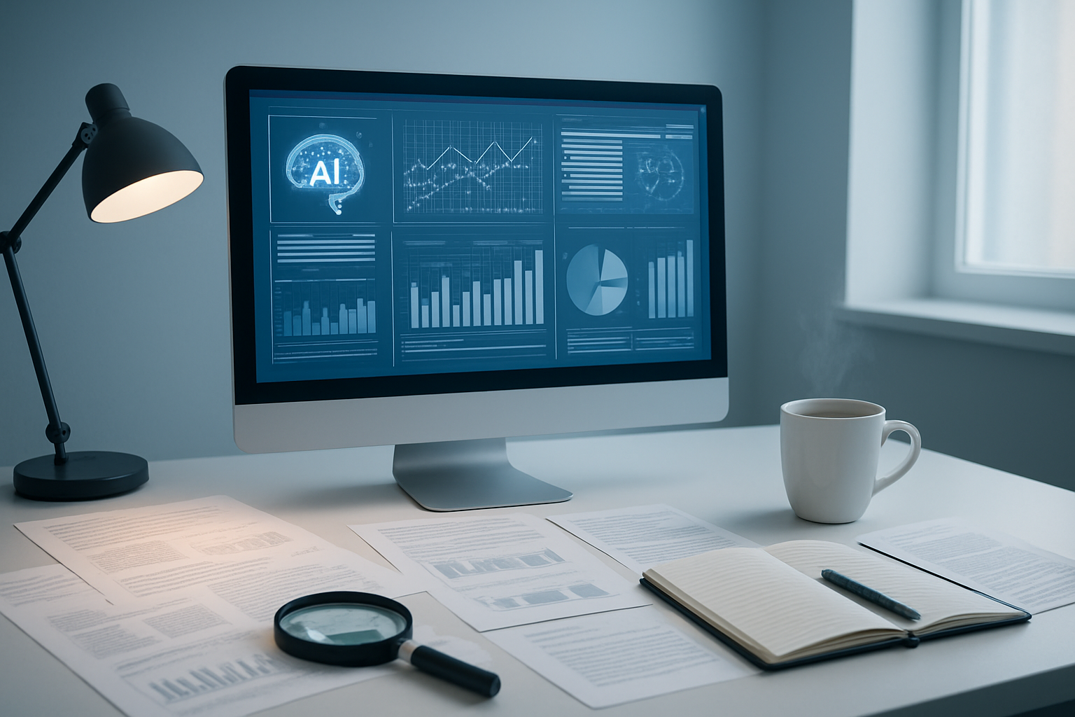 Create a realistic image of a modern workspace with a computer screen displaying various AI research interfaces, data visualization charts, and analytical dashboards, surrounded by digital documents, research papers scattered on a clean white desk, a steaming coffee cup, modern office lighting with soft natural light from a window, magnifying glass and notebook nearby, clean minimalist background with subtle blue and white color scheme, professional atmosphere suggesting efficient information processing and research work, absolutely NO text should be in the scene.