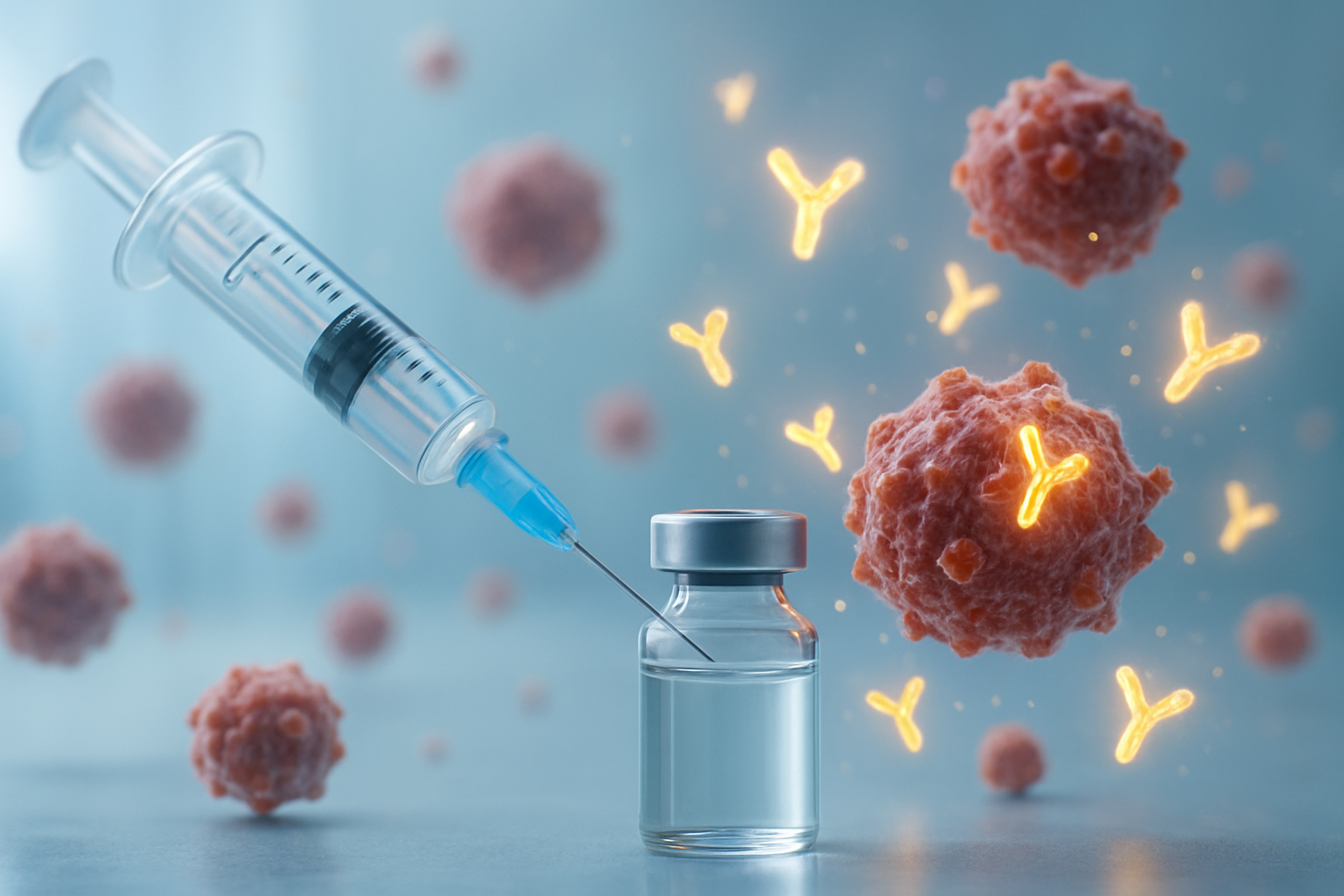 Create a realistic image of a close-up view of a medical syringe with a transparent vaccine vial containing clear liquid, surrounded by floating microscopic cancer cells being destroyed by glowing immune system antibodies, set against a clean laboratory background with soft blue and white lighting that conveys hope and medical advancement, showing the molecular-level battle between the vaccine-activated immune response and cancer cells. Absolutely NO text should be in the scene.