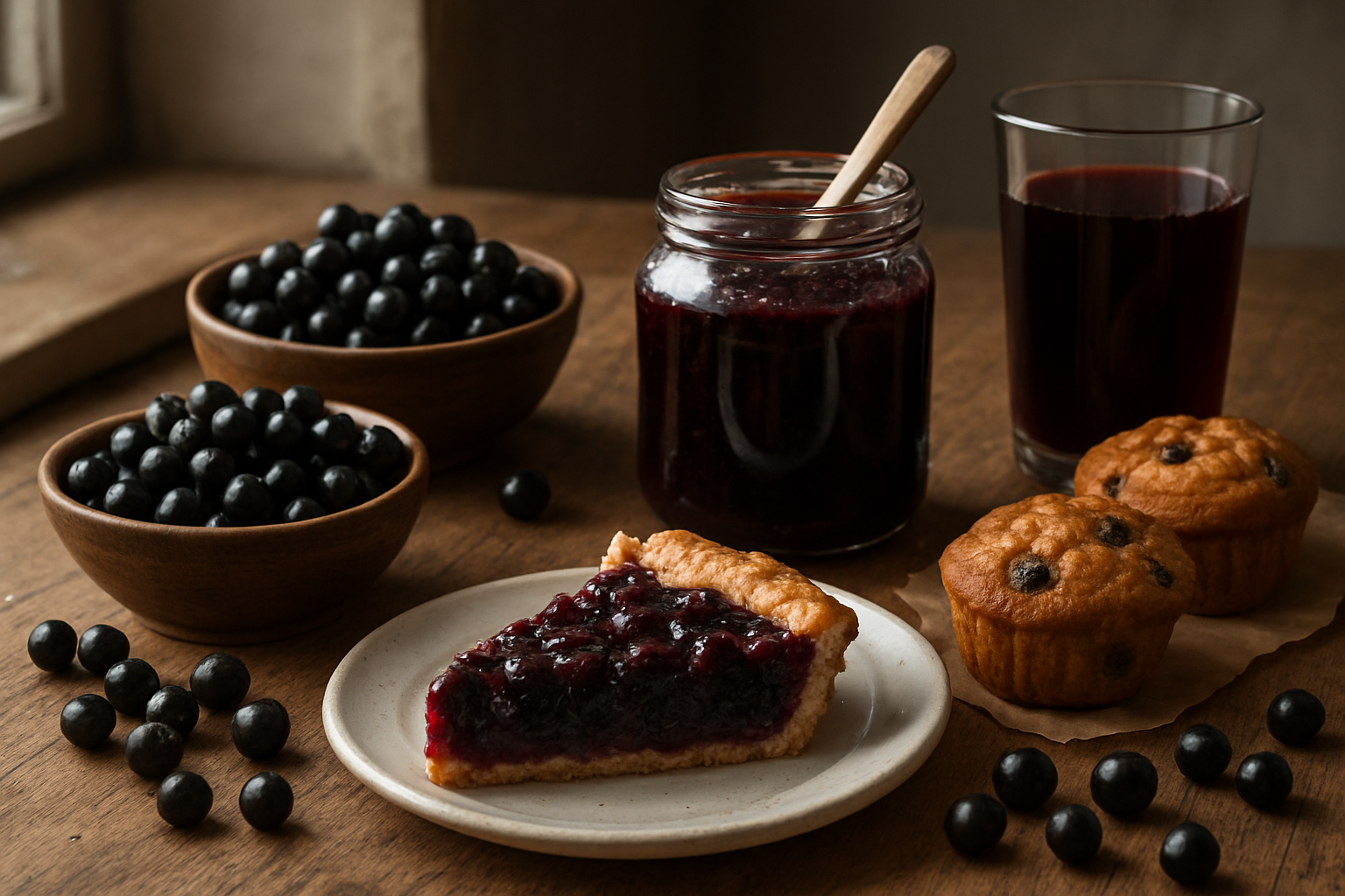 Create a realistic image of fresh black currants being used in various culinary preparations, featuring a rustic wooden kitchen counter with small bowls containing vibrant dark purple black currants, a glass jar of black currant jam with a wooden spoon, freshly baked muffins with black currants visible in them, a slice of black currant pie on a white plate, and a glass of deep purple black currant juice, all arranged in an appealing food styling composition with soft natural lighting from a nearby window, warm kitchen atmosphere with subtle shadows and highlights that emphasize the rich color and texture of the black currants in their different culinary forms. Absolutely NO text should be in the scene.