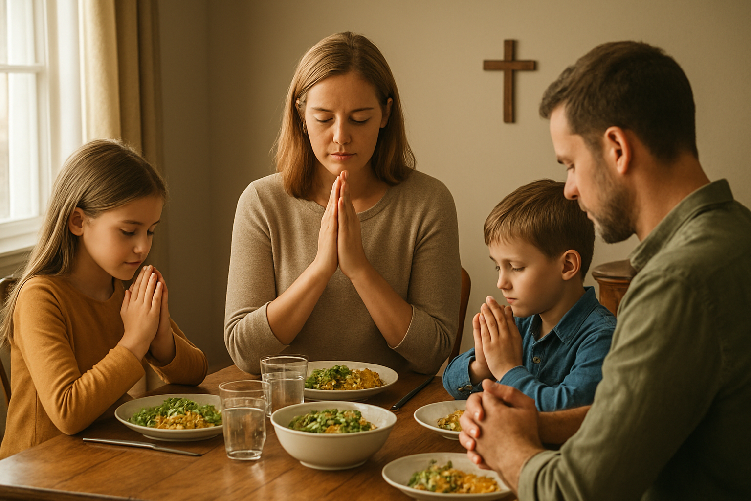 Create a realistic image of a white female mother in her 30s sitting at a wooden dining table with her family including two children, leading a prayer before a meal with hands folded and heads bowed, surrounded by a warm home environment with soft natural lighting from a nearby window, featuring Christian symbols like a small wooden cross on the wall and a Bible placed on a side table, conveying a peaceful and reverent atmosphere of spiritual guidance in the home. Absolutely NO text should be in the scene.