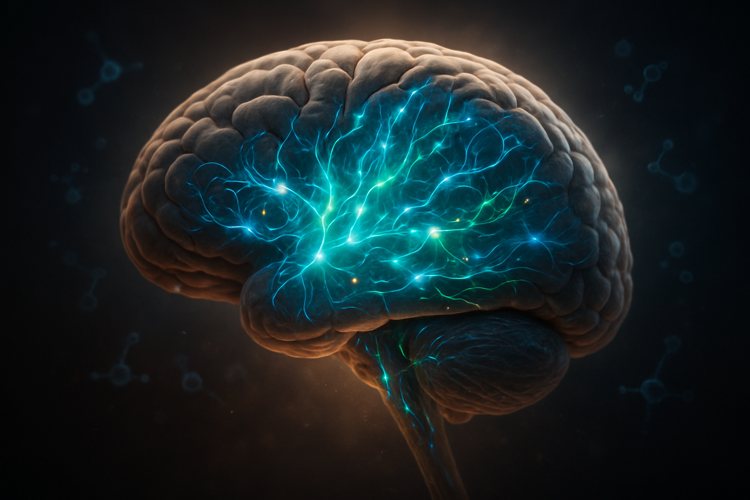 Create a realistic image of a detailed cross-section view of a human brain with neural pathways highlighted in bright blue and green colors, showing synapses reconnecting and forming new connections, surrounded by a soft glowing light effect against a dark background, with subtle molecular structures and neurotransmitter representations floating around the brain, conveying a sense of healing and restoration, shot with dramatic lighting that emphasizes the brain's intricate details and the vibrant neural activity, absolutely NO text should be in the scene.