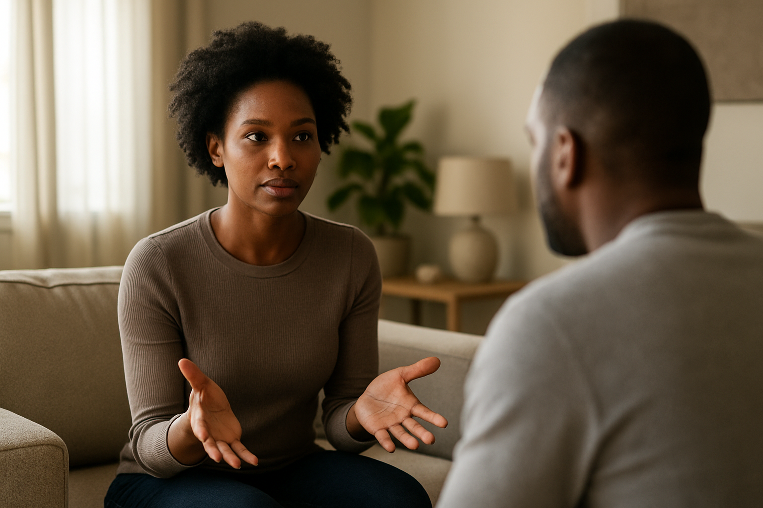 Create a realistic image of a confident black woman in her 30s sitting across from her male partner at a modern living room setting, making direct eye contact while gesturing with open hands in an expressive but calm manner, the scene shows warm natural lighting from a nearby window, comfortable contemporary furniture with soft neutral tones, the woman displays confident body language with good posture while appearing to communicate something important, the overall mood is serious yet supportive and constructive, absolutely NO text should be in the scene.