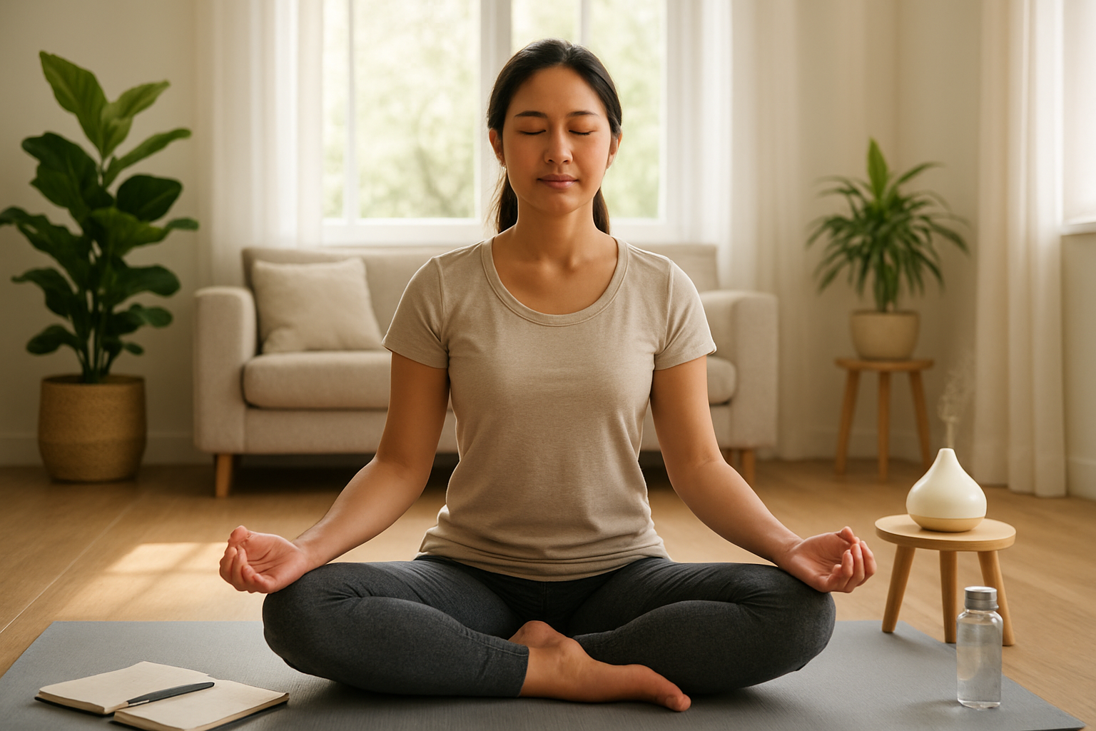 Create a realistic image of a serene Asian female in her 30s sitting cross-legged in a peaceful meditation pose on a yoga mat in a bright, minimalist living room with natural sunlight streaming through large windows, surrounded by calming elements like potted green plants, a journal and pen nearby, essential oil diffuser releasing gentle mist, and a water bottle, conveying a sense of accomplished tranquility and successful stress management, with soft natural lighting creating a warm and hopeful atmosphere, absolutely NO text should be in the scene.
