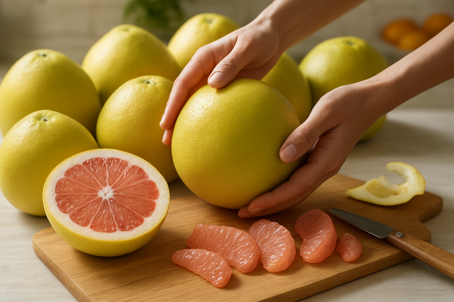 Create a realistic image of hands skillfully selecting a fresh pomelo fruit from a display of multiple pomelos, with one pomelo being cut in half showing the pink flesh inside, surrounded by pomelo segments and peeling tools on a clean wooden cutting board, bright natural lighting from above, kitchen counter background with subtle citrus-themed elements, warm and inviting atmosphere that emphasizes freshness and culinary preparation, absolutely NO text should be in the scene.