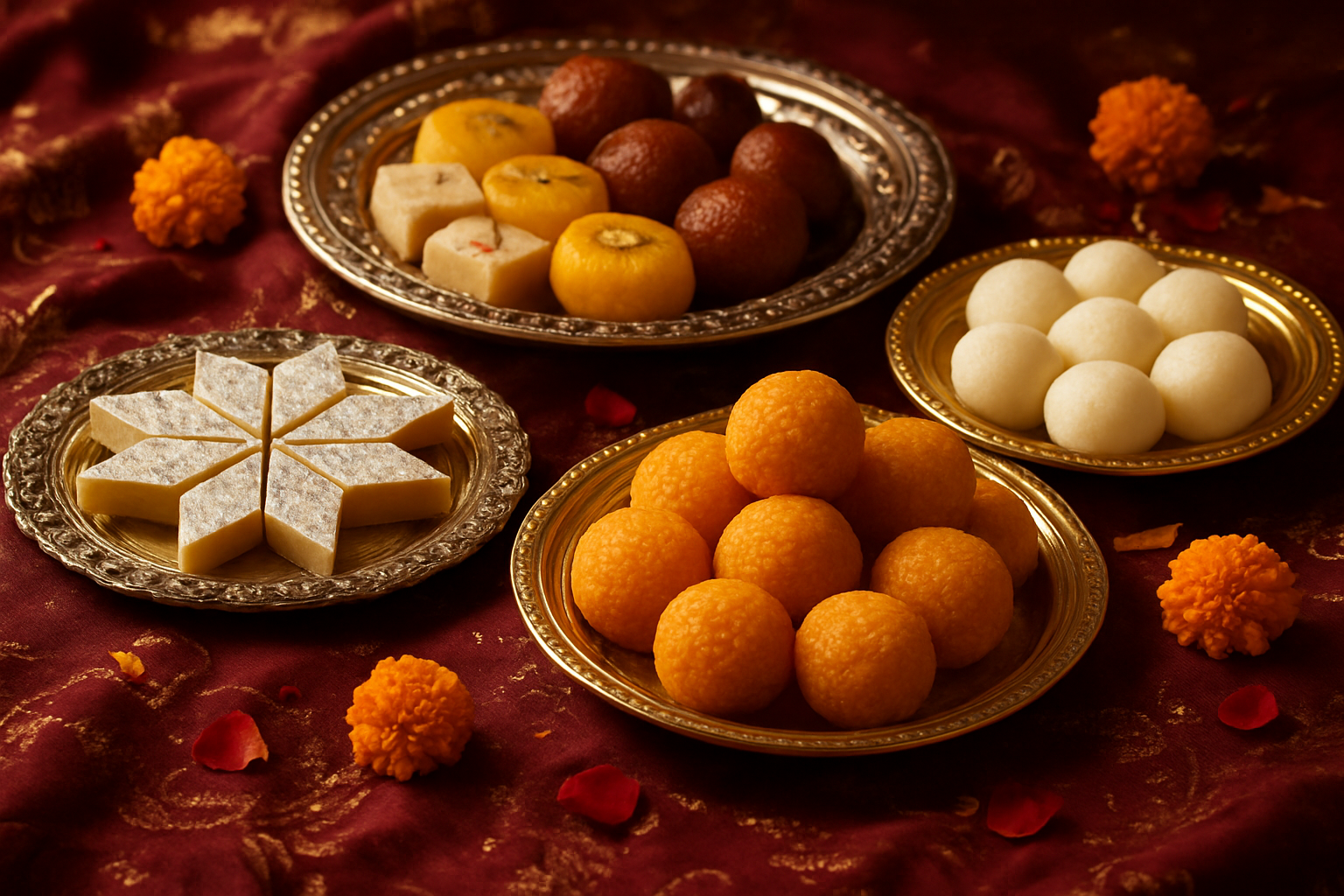 Create a realistic image of an elegant display of traditional Indian wedding mithai arranged on ornate silver and gold platters, featuring various colorful sweets like laddu, barfi, rasgulla, and kaju katli, with delicate marigold flowers and rose petals scattered around, soft warm golden lighting creating an auspicious festive atmosphere, placed on a rich burgundy silk cloth with intricate embroidered patterns, absolutely NO text should be in the scene.