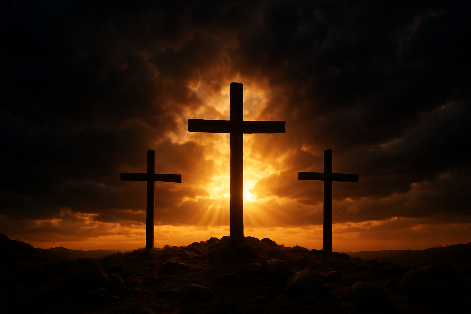 Create a realistic image of a dramatic scene with three wooden crosses silhouetted against a dark, stormy sky during sunset, with the central cross slightly larger and more prominent, surrounded by rocky terrain and scattered stones, featuring deep golden and amber light breaking through heavy storm clouds, creating a solemn and reverent atmosphere that conveys sacrifice and redemption, with rays of sunlight piercing through the darkness to illuminate the crosses, absolutely NO text should be in the scene.